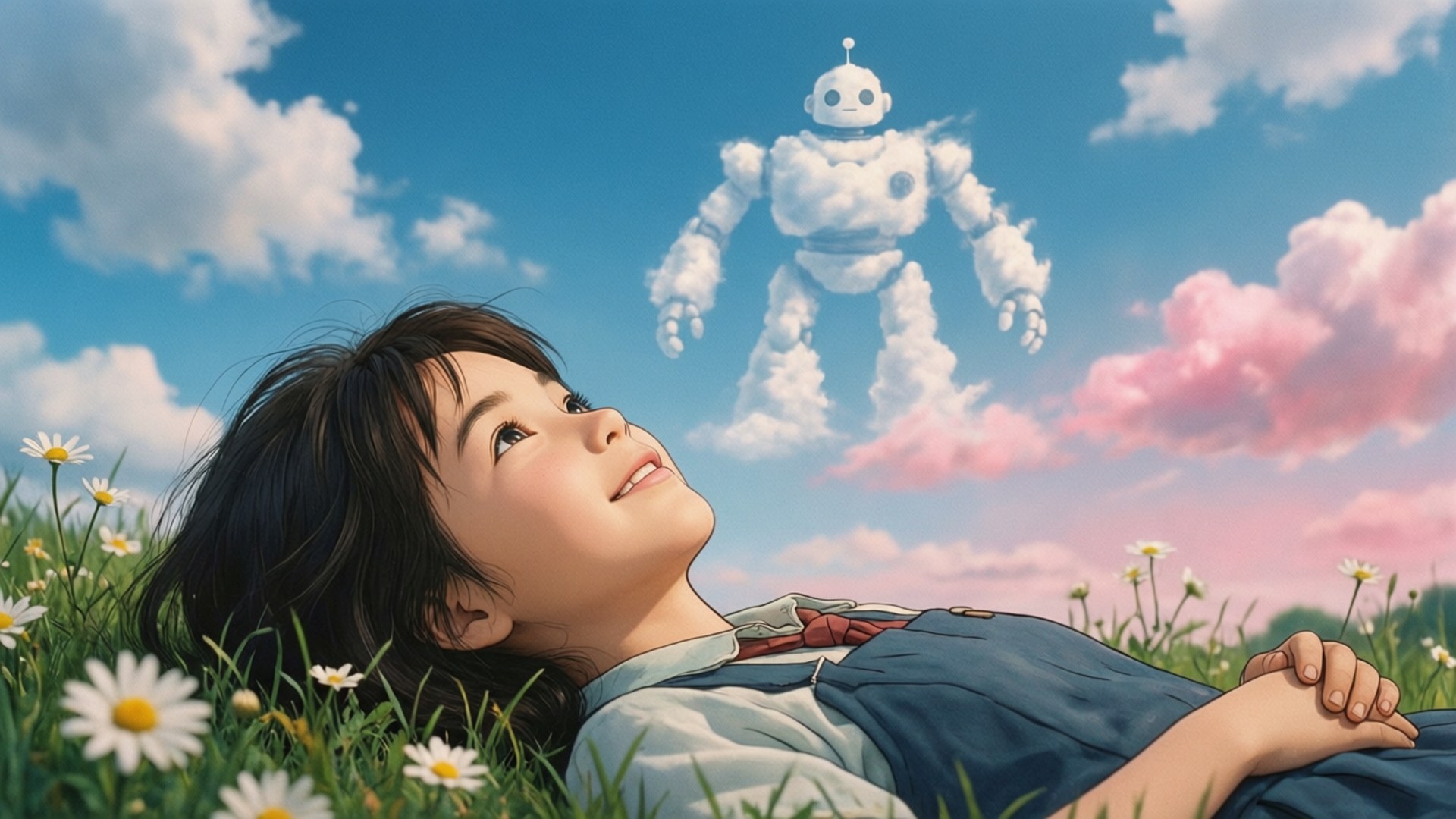 Naota Nandaba, robot-shaped clouds, grass, Full HD Desktop Wallpaper