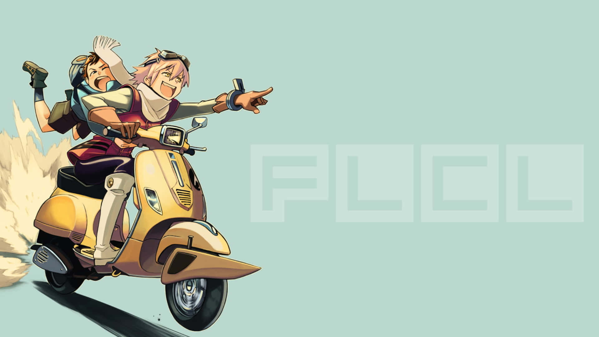 Naota Nandaba, yellow scooter, light teal background, Full HD Desktop Wallpaper