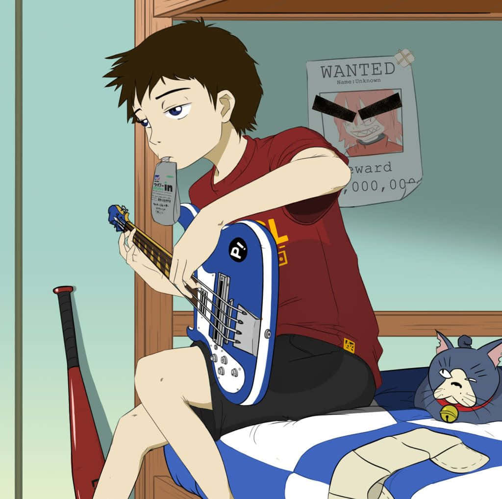 Naota Nandaba, blue bass guitar, spray can, SD Desktop Wallpaper