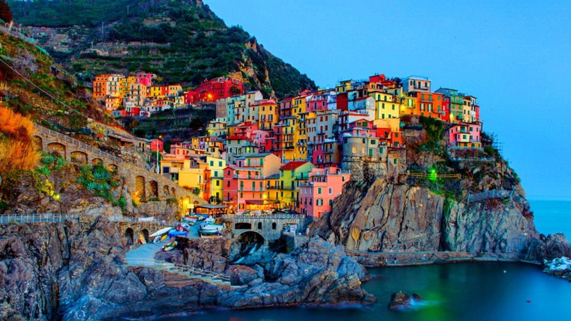 Naples, bright pastel houses, cliffside village, Full HD Desktop Wallpaper
