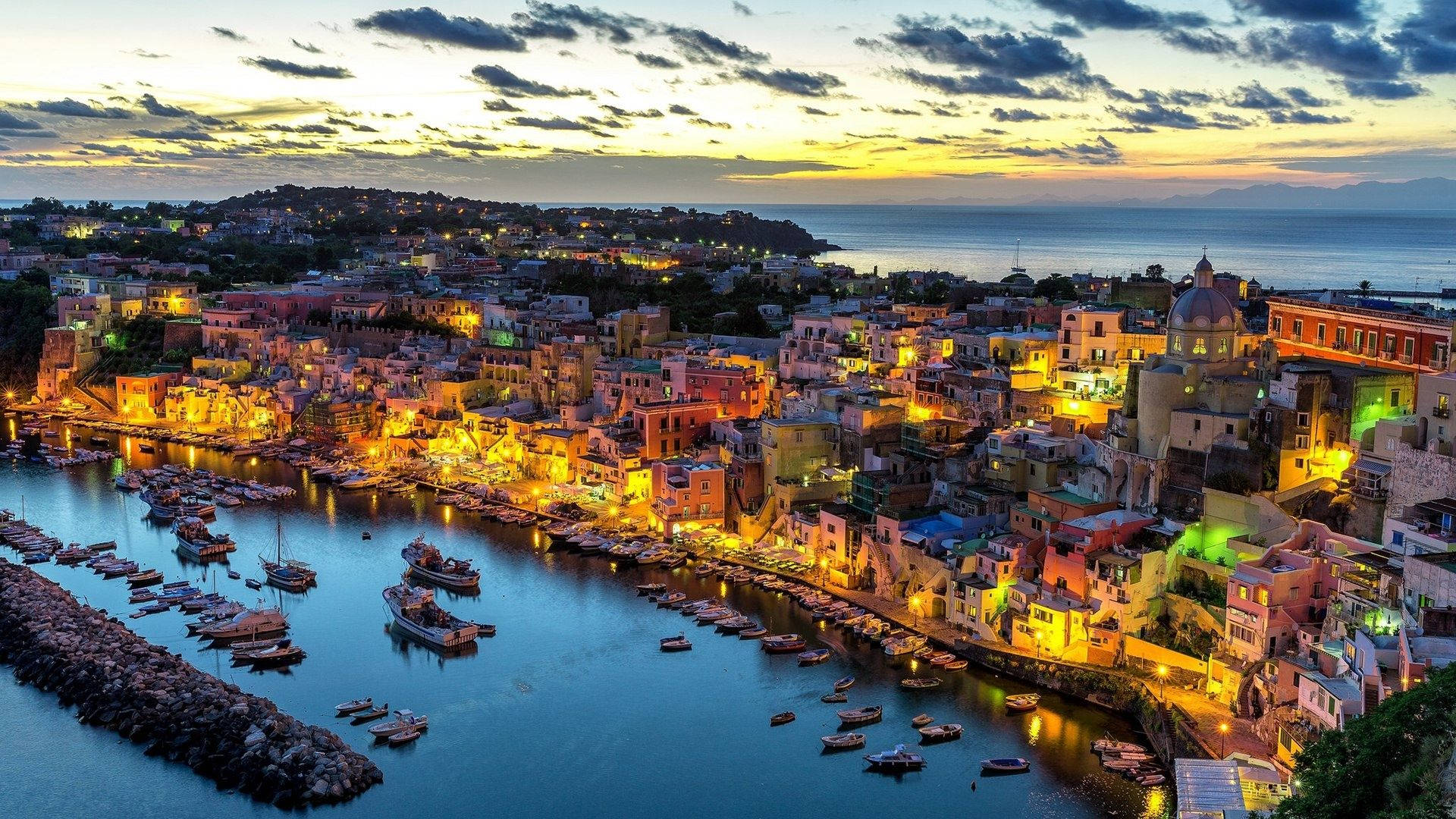Naples, vibrant street lights, dusk, Full HD Desktop Wallpaper