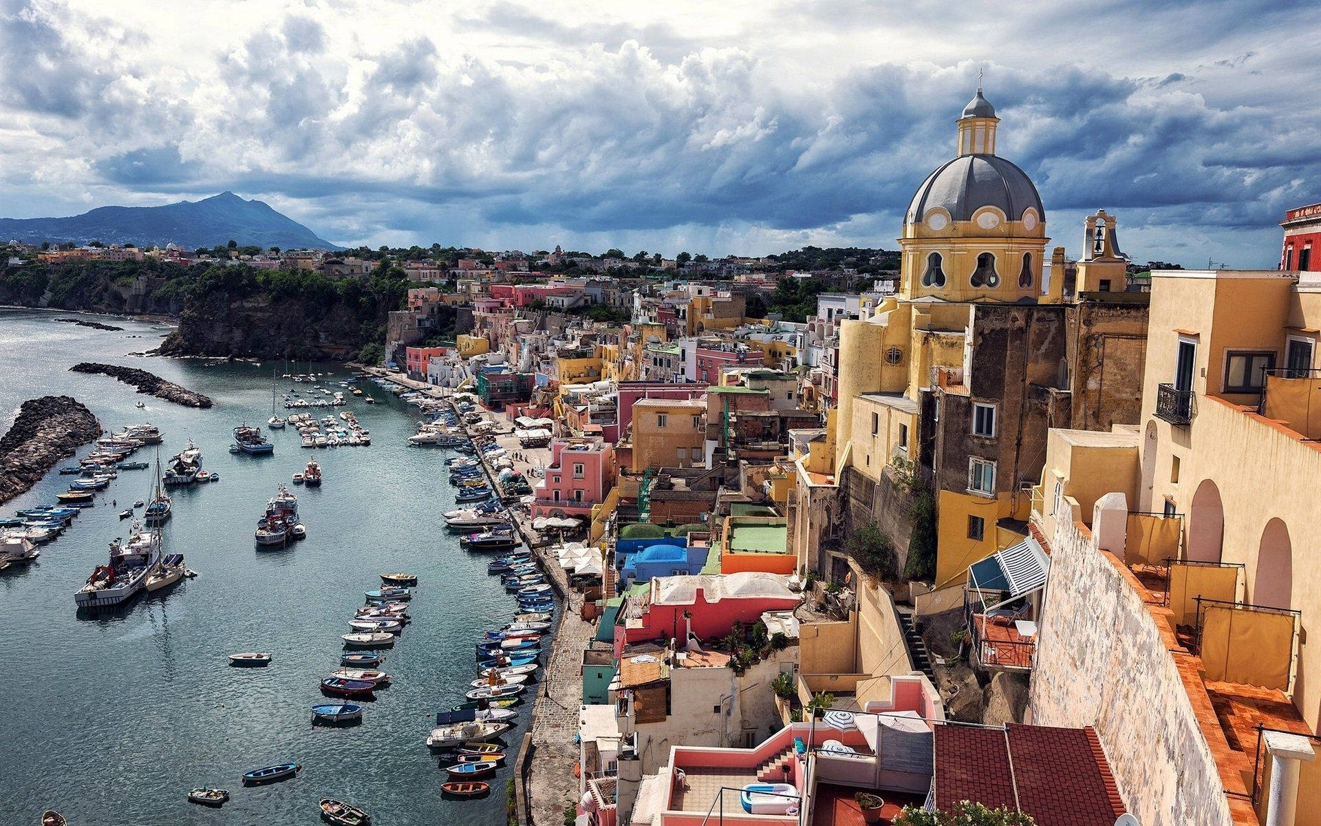 Naples, cliffside village, pastel buildings, Full HD Desktop Wallpaper