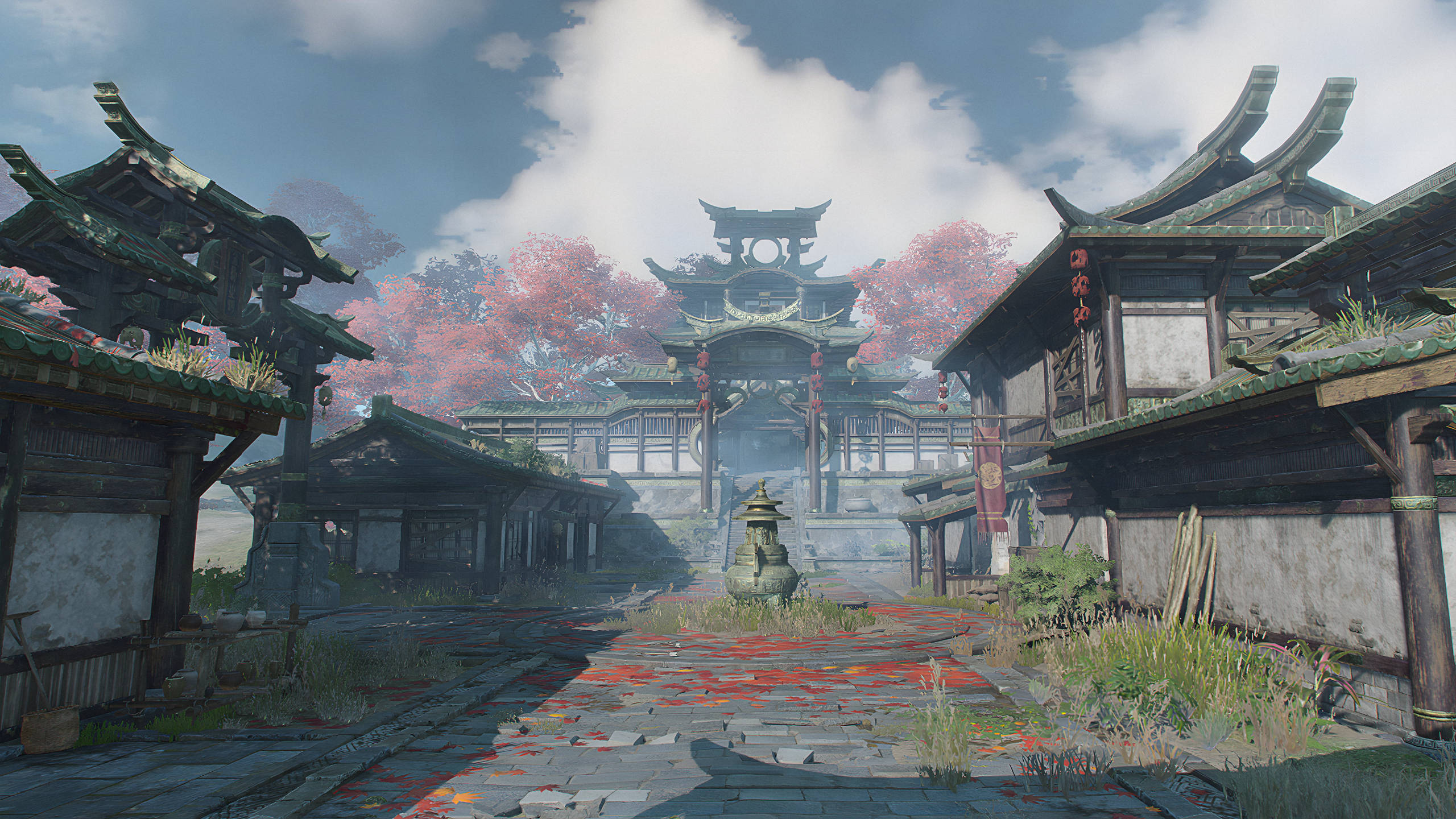 Naraka Bladepoint, traditional Japanese village street, cherry blossom trees, 2K Desktop Wallpaper