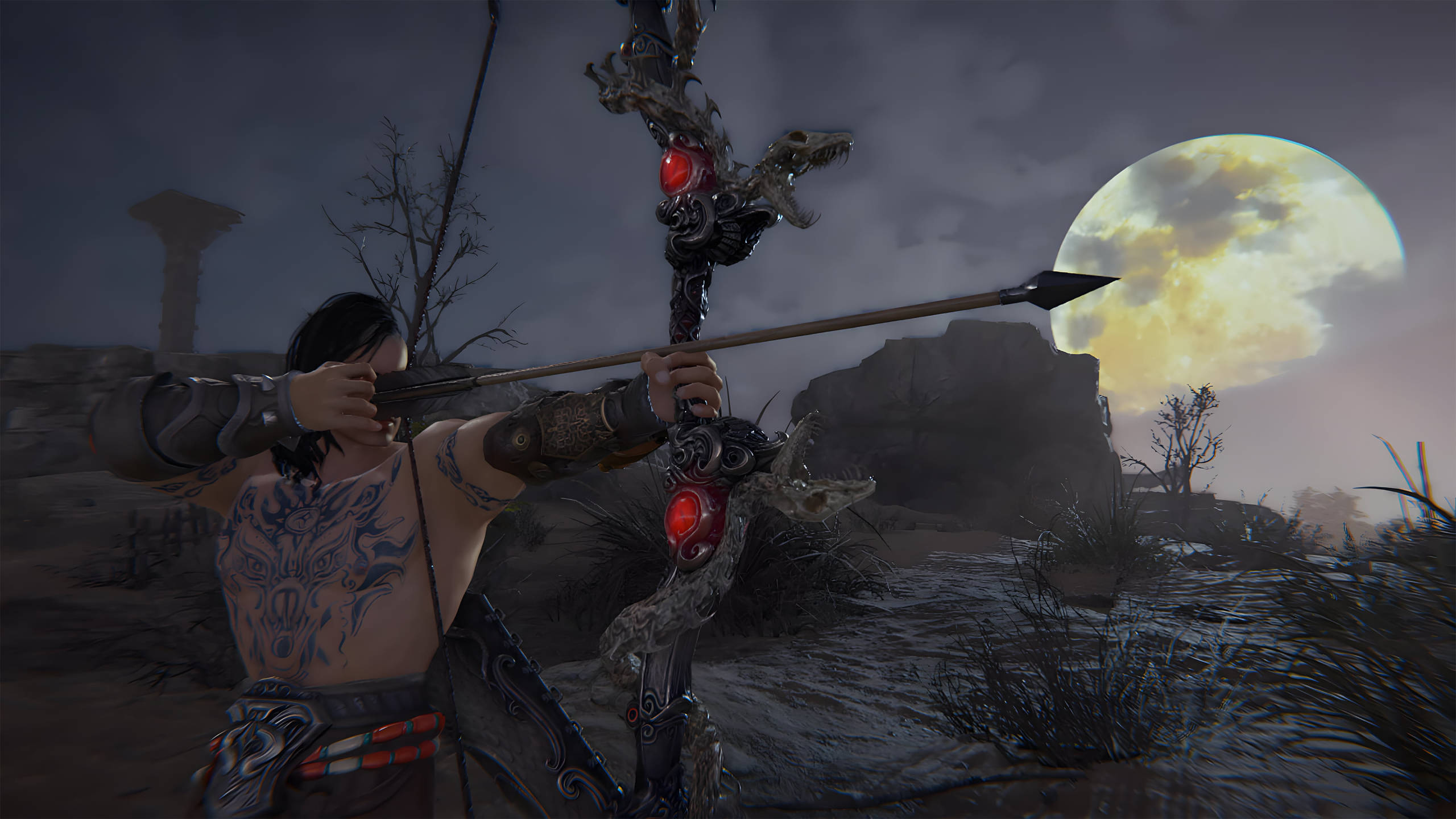 Naraka Bladepoint, archer, glowing red bow, 2K Desktop Wallpaper