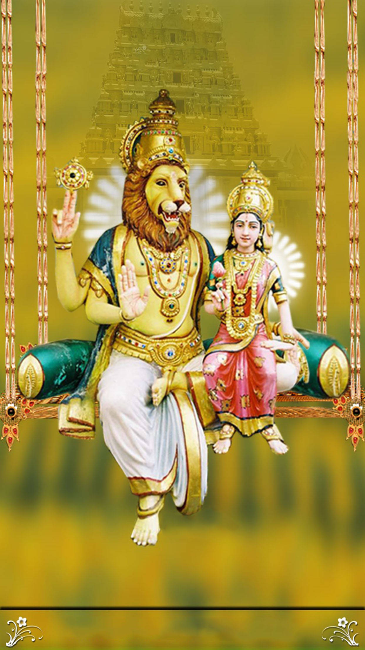 Narasimha, golden lion-headed deity, divine consort, Full HD Phone Wallpaper