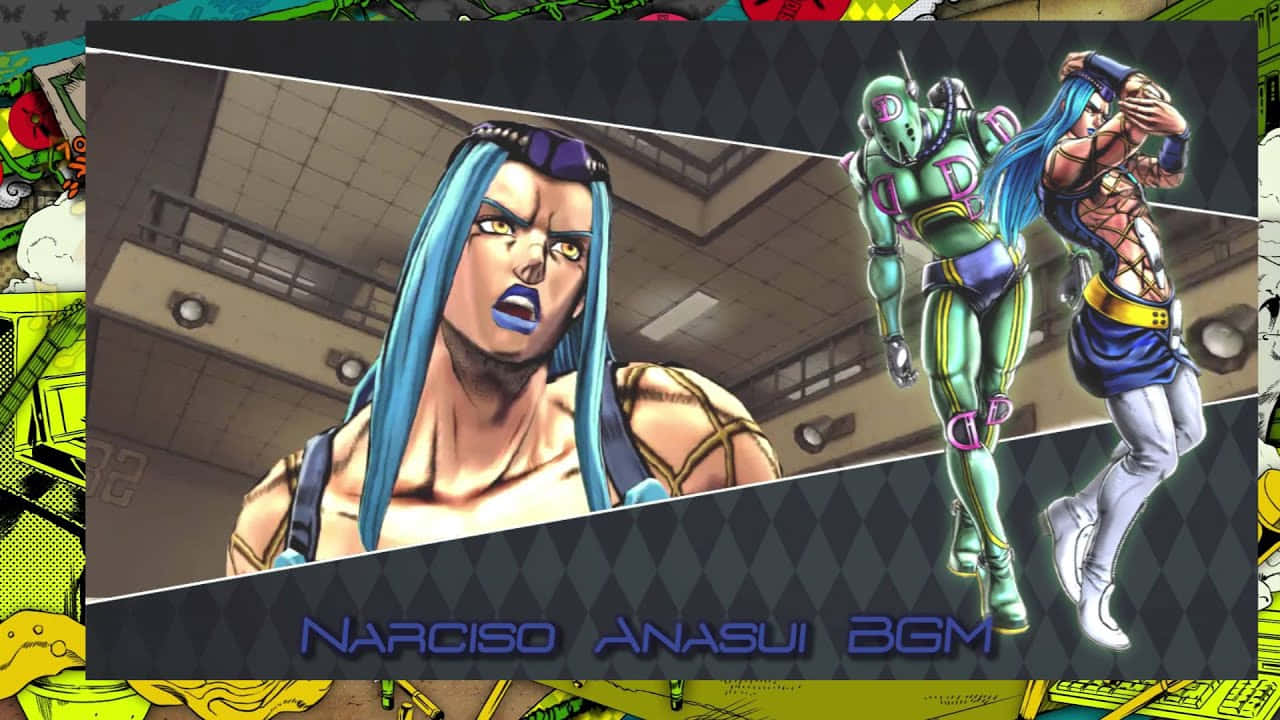 Narciso Anasui, blue-haired character, green armored figure, HD Desktop Wallpaper