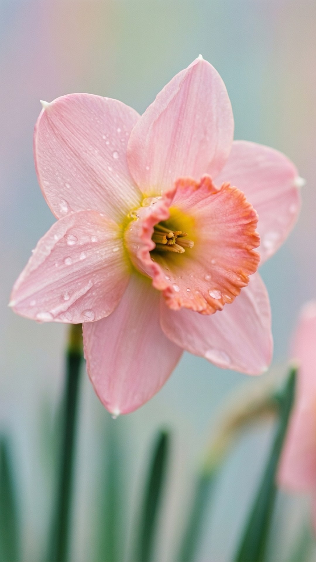 pink narcissus dew, delicate pink daffodil, dew drops glistening, Full HD Phone Wallpaper