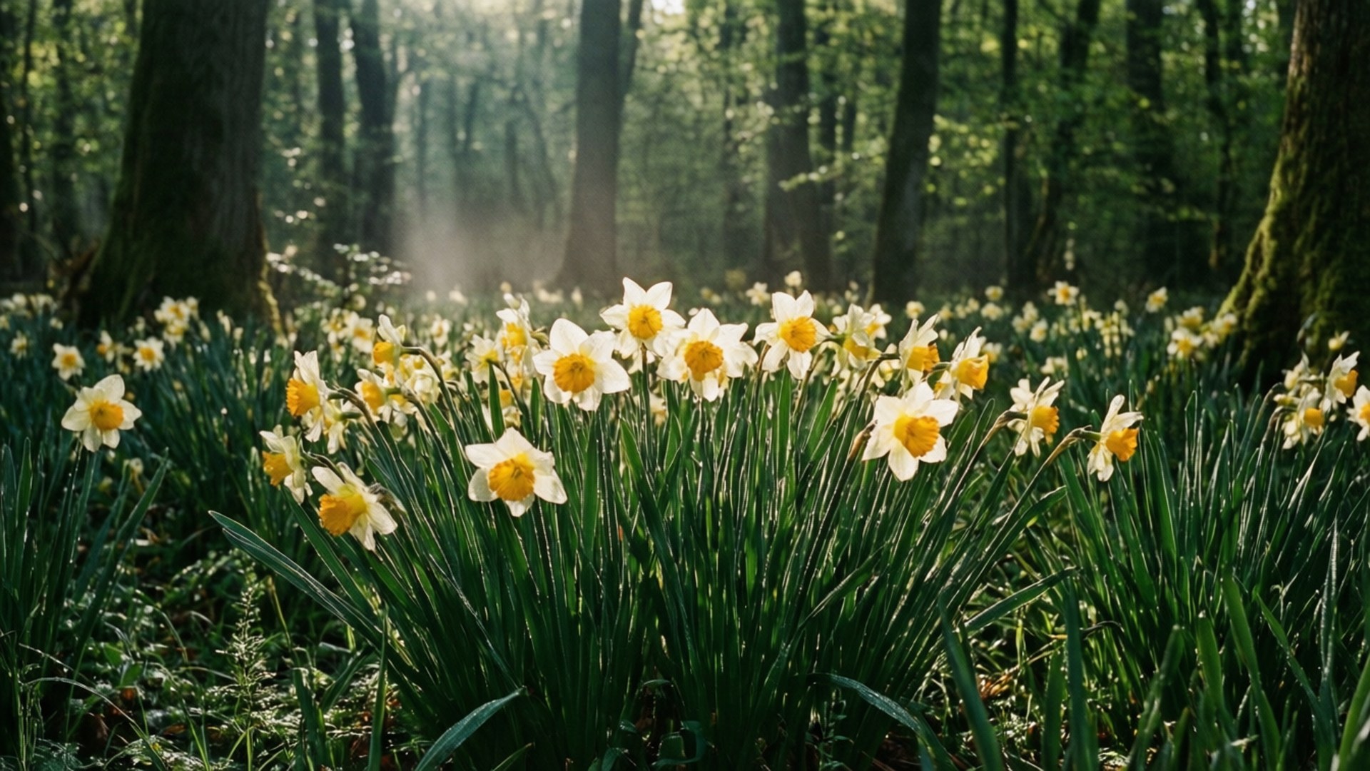 Forest Narcissus Glade, white daffodils, yellow daffodils, Full HD Desktop Wallpaper