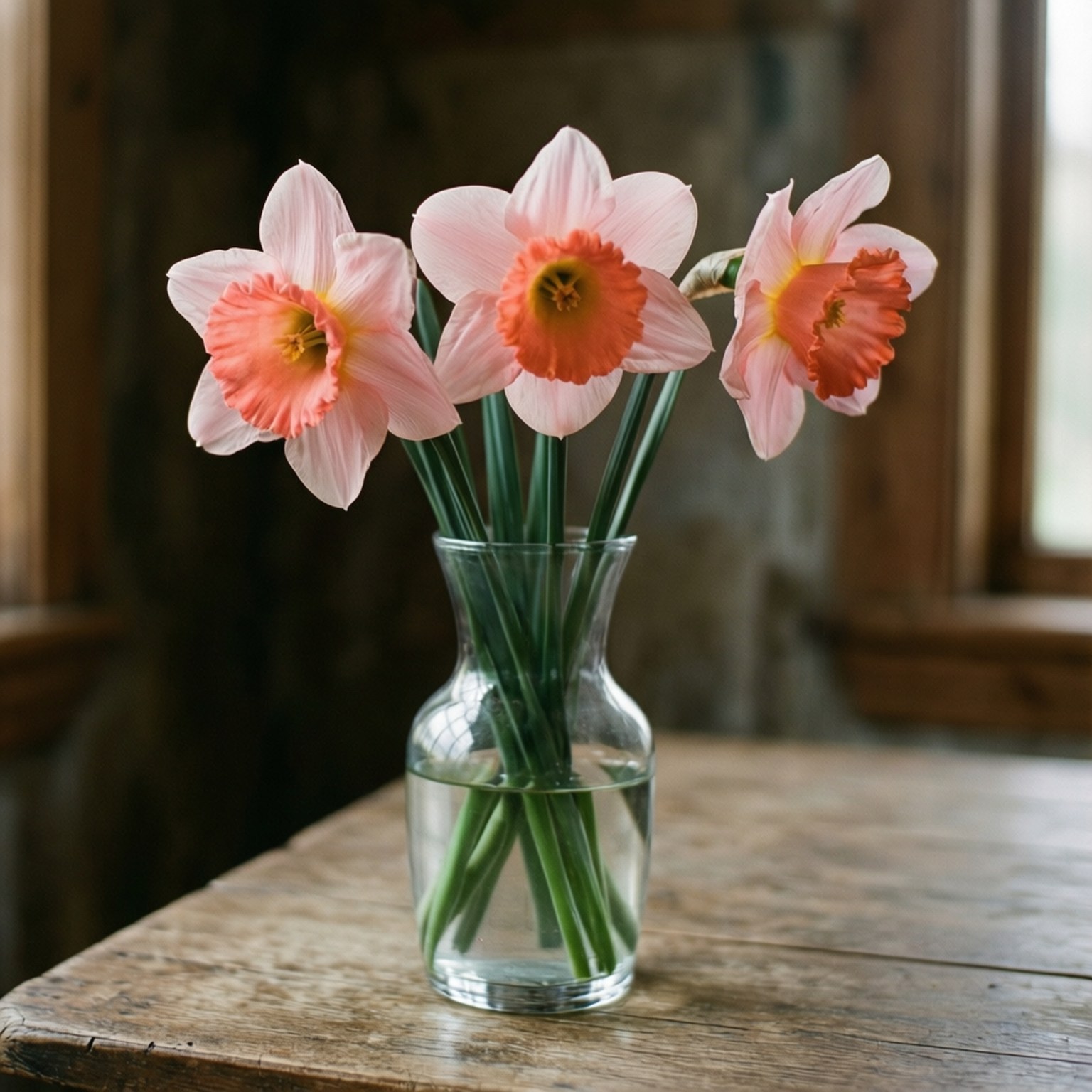 pink narcissus, daffodils, orange centers, HD Desktop Wallpaper