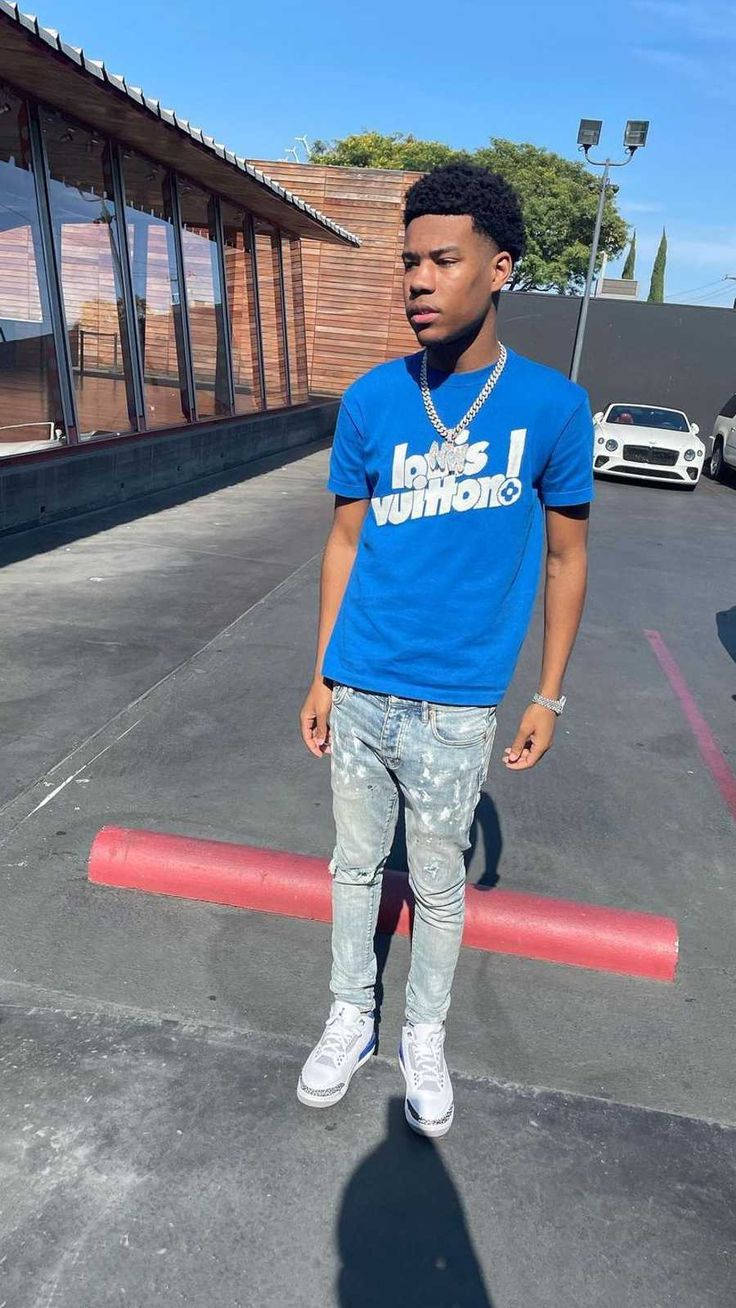Nardo Wick, blue Louis Vuitton tee, distressed jeans, HD Phone Wallpaper