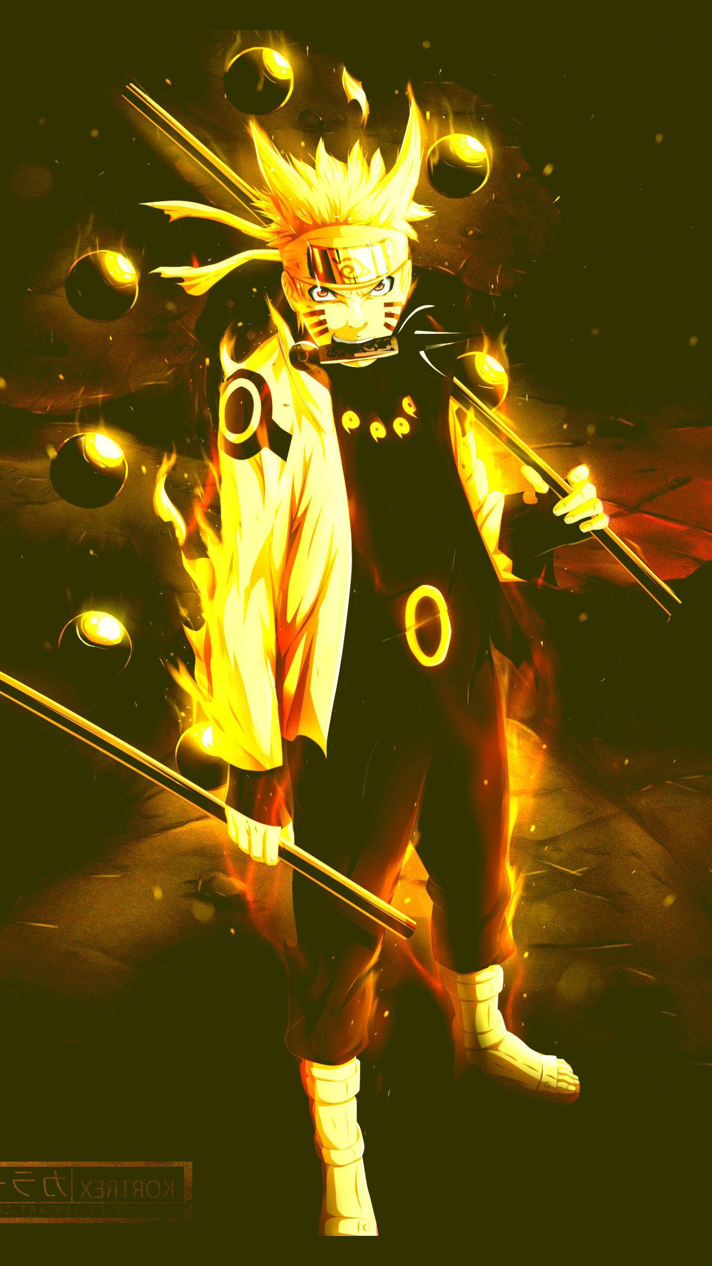 Naruto, fiery golden chakra mode, kunai, 2K Phone Wallpaper