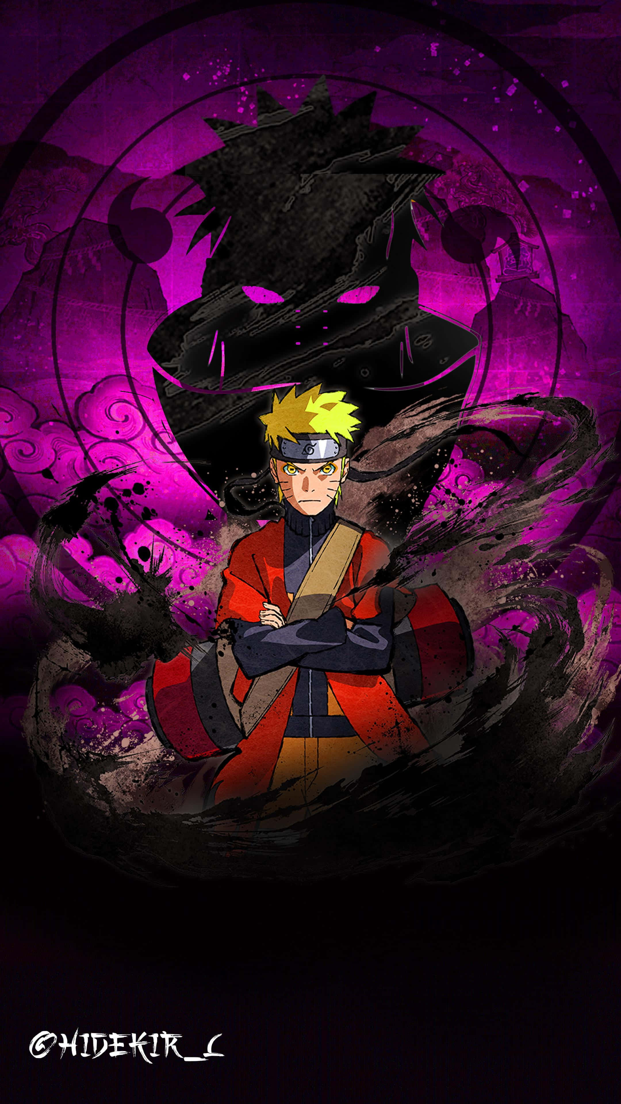 Naruto, red cloak, glowing purple eyes, 4K Phone Wallpaper
