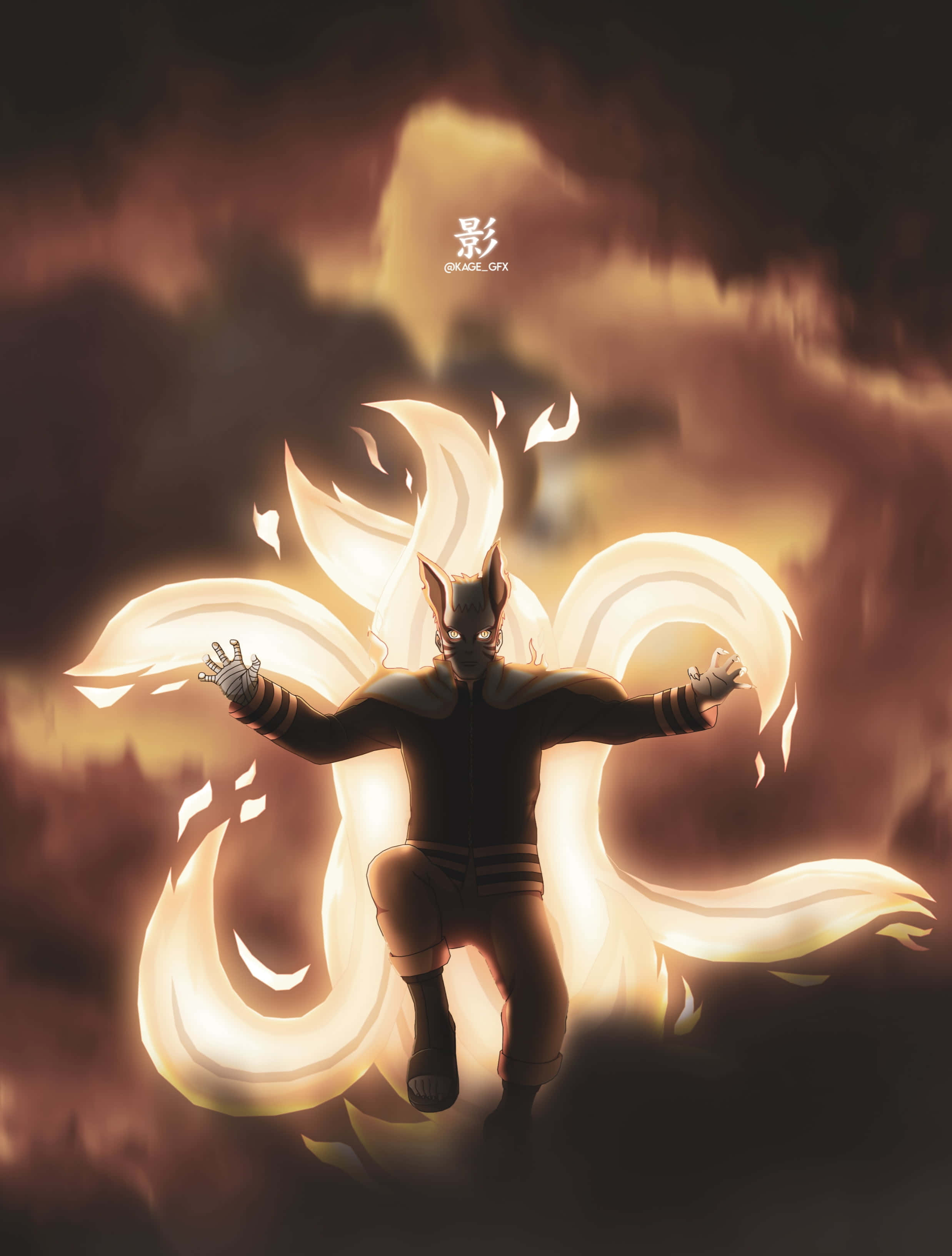 Naruto, nine glowing tails, fiery cloudy sky, 2K Phone Wallpaper