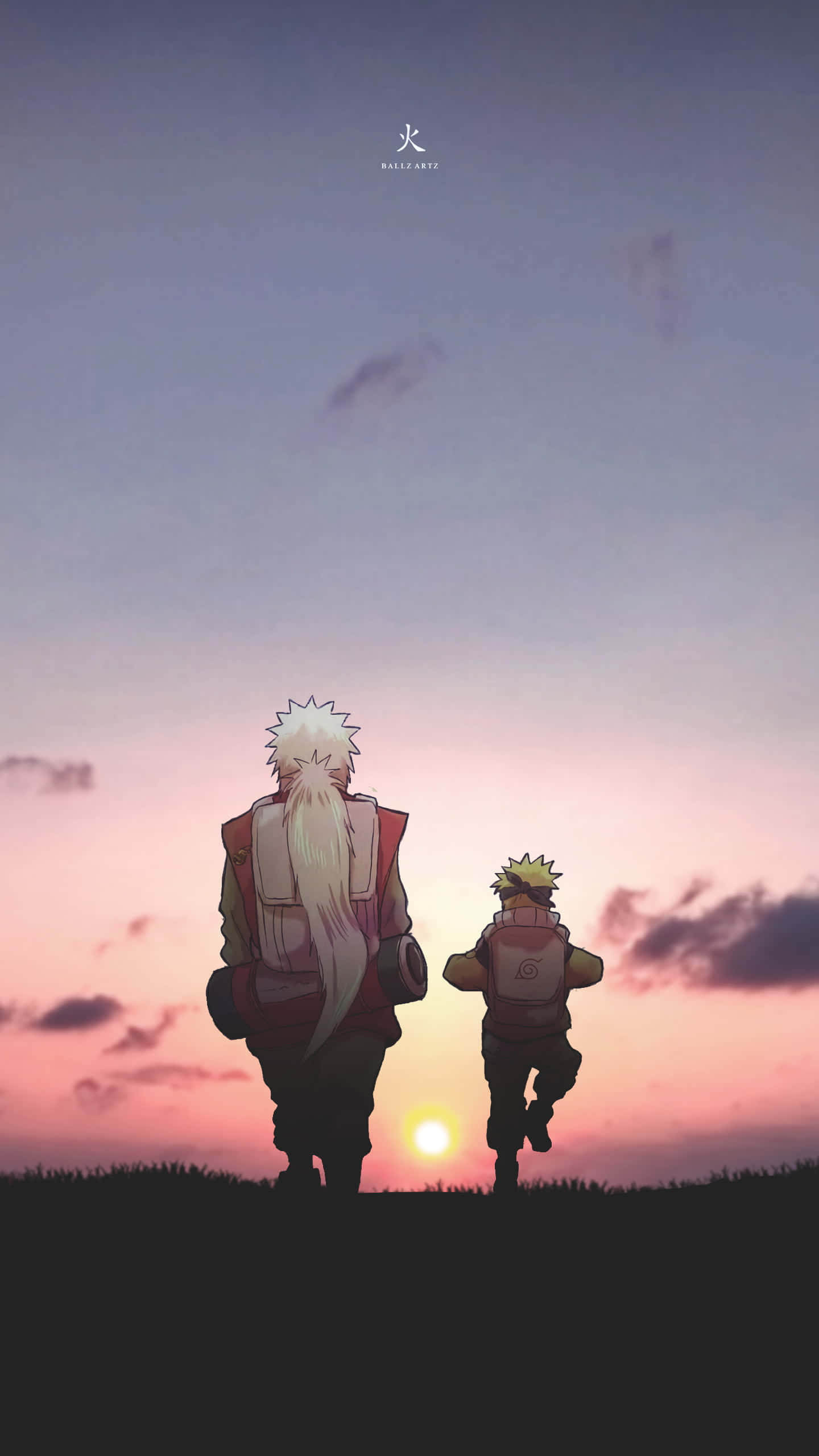 Naruto Aesthetic Computer, glowing sunset, grassy hill, 2K Phone Wallpaper