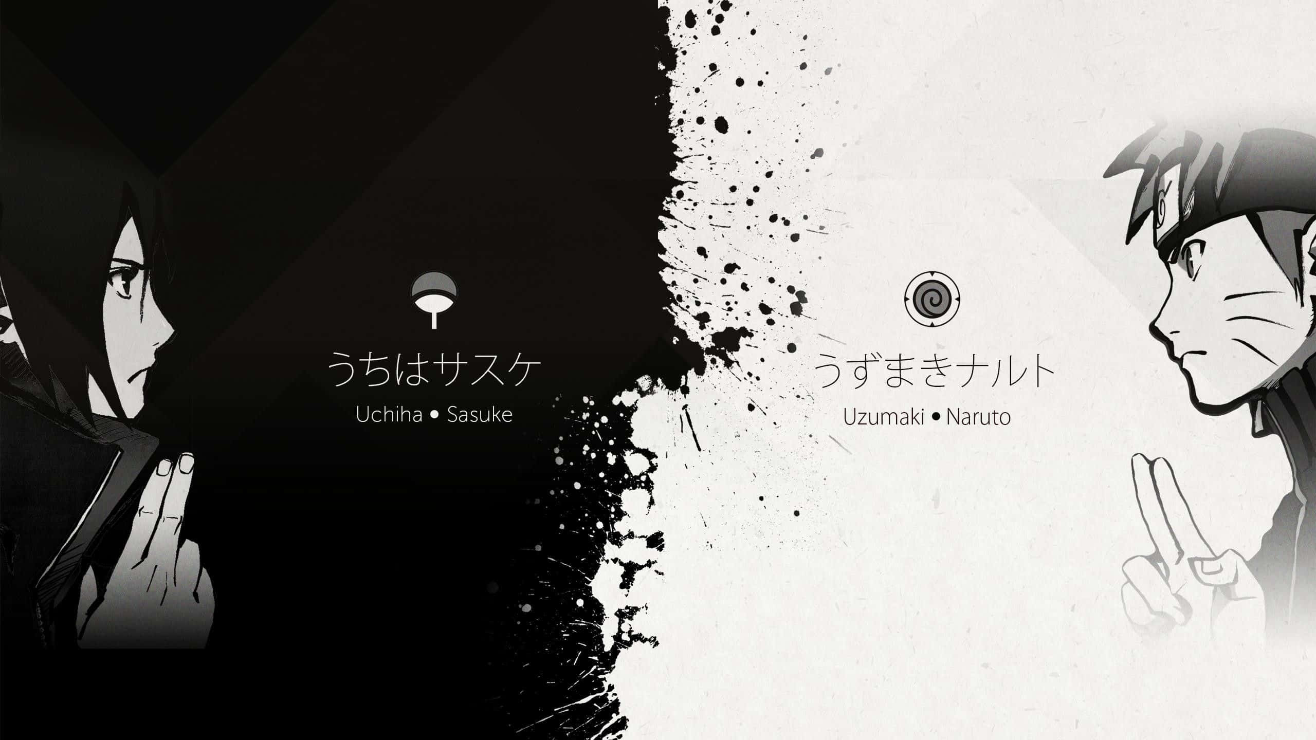 Naruto Aesthetic Computer, anime characters, black and white ink-splatter divide, 2K Desktop Wallpaper