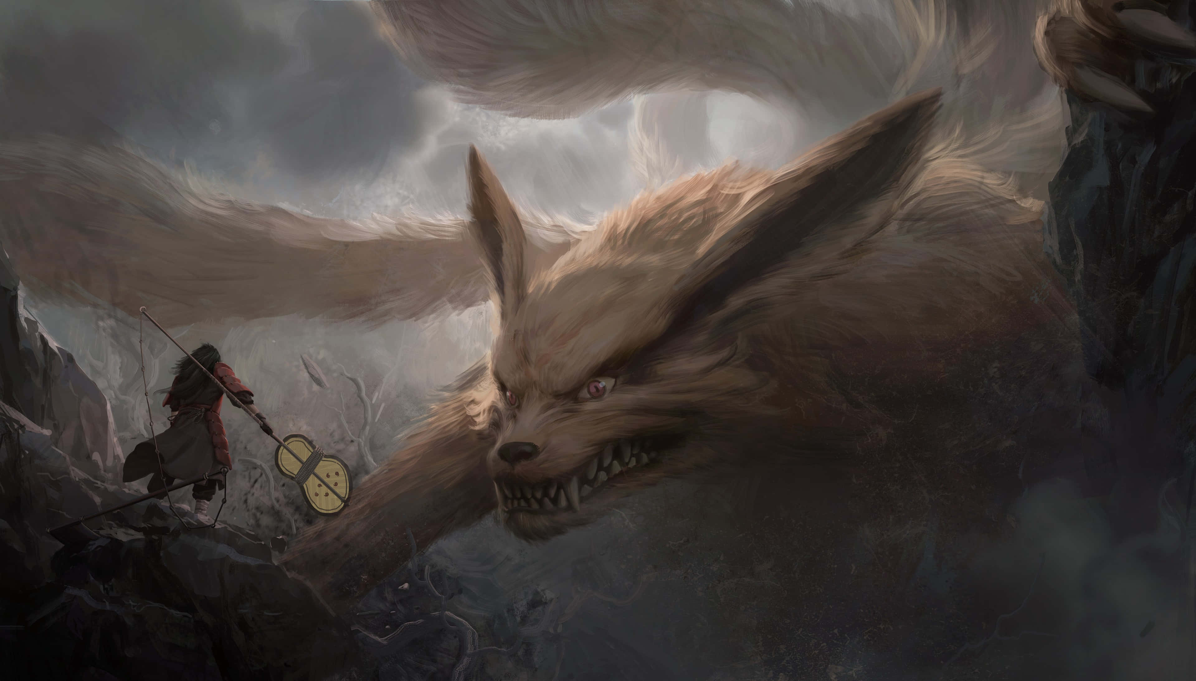 Naruto, nine-tailed fox, stormy mountainous landscape, 4K Desktop Wallpaper