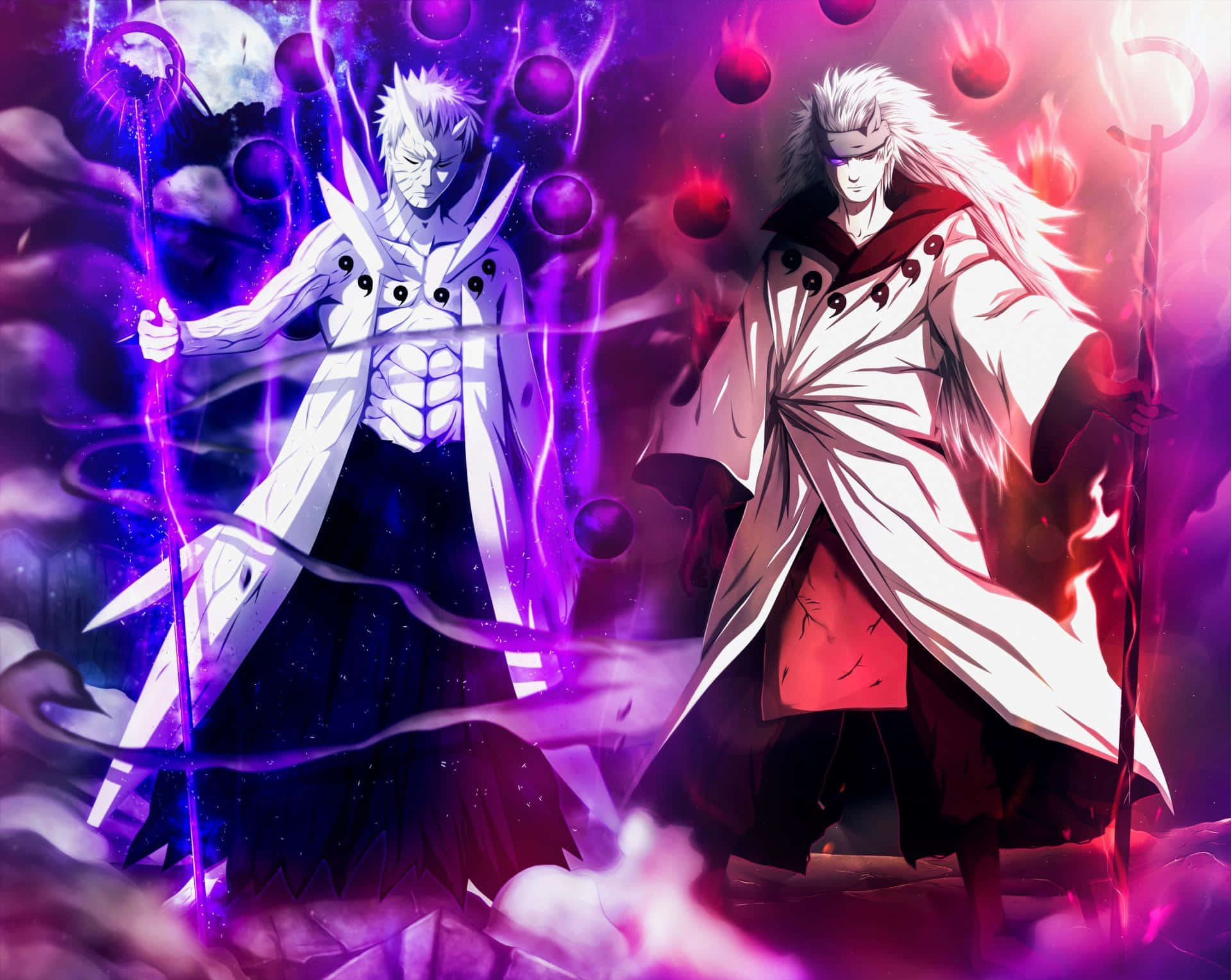 Naruto Alone, white robes, purple and red energy spheres, Full HD Desktop Wallpaper