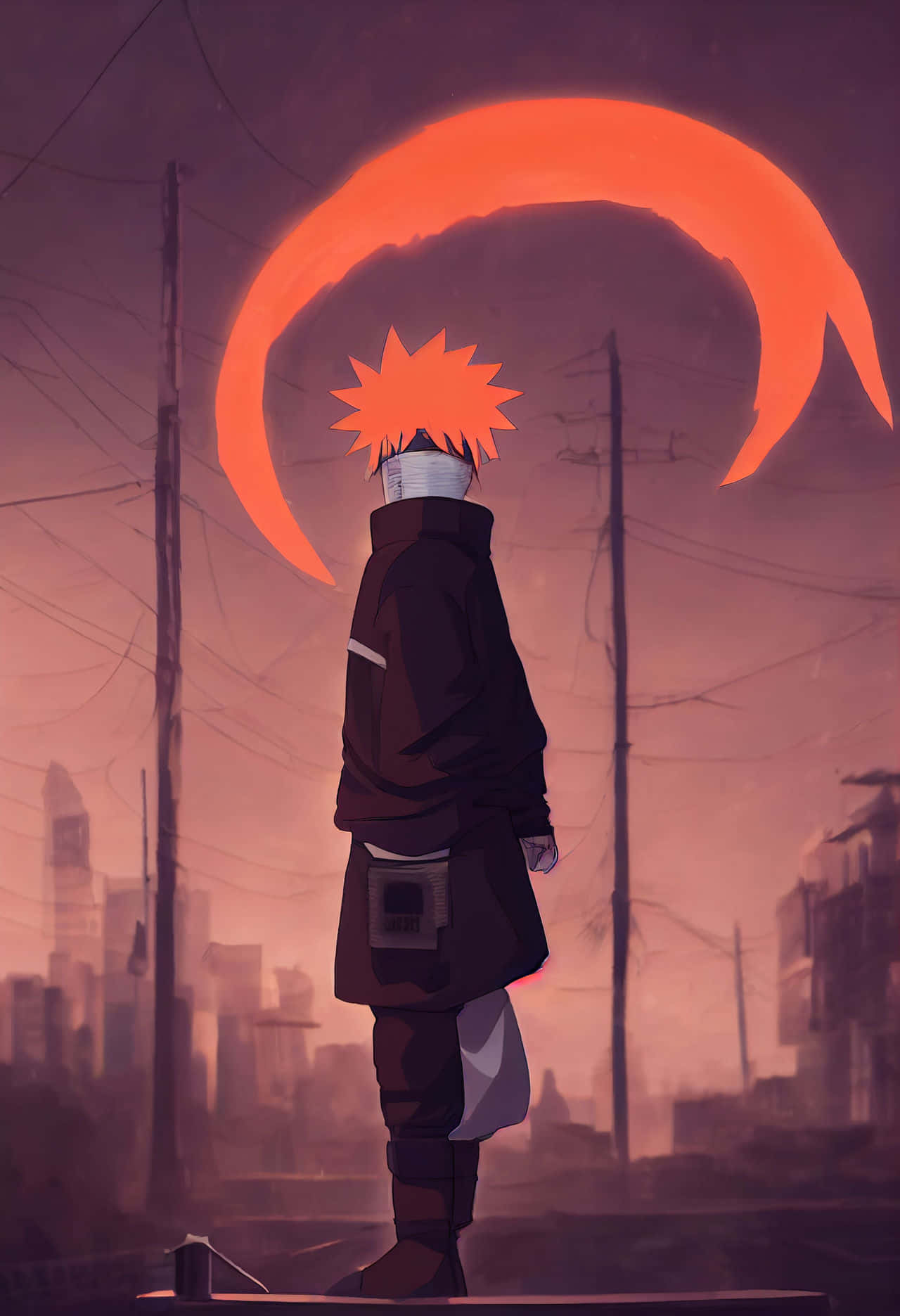Naruto, spiky orange hair, glowing orange crescent moon, HD Phone Wallpaper