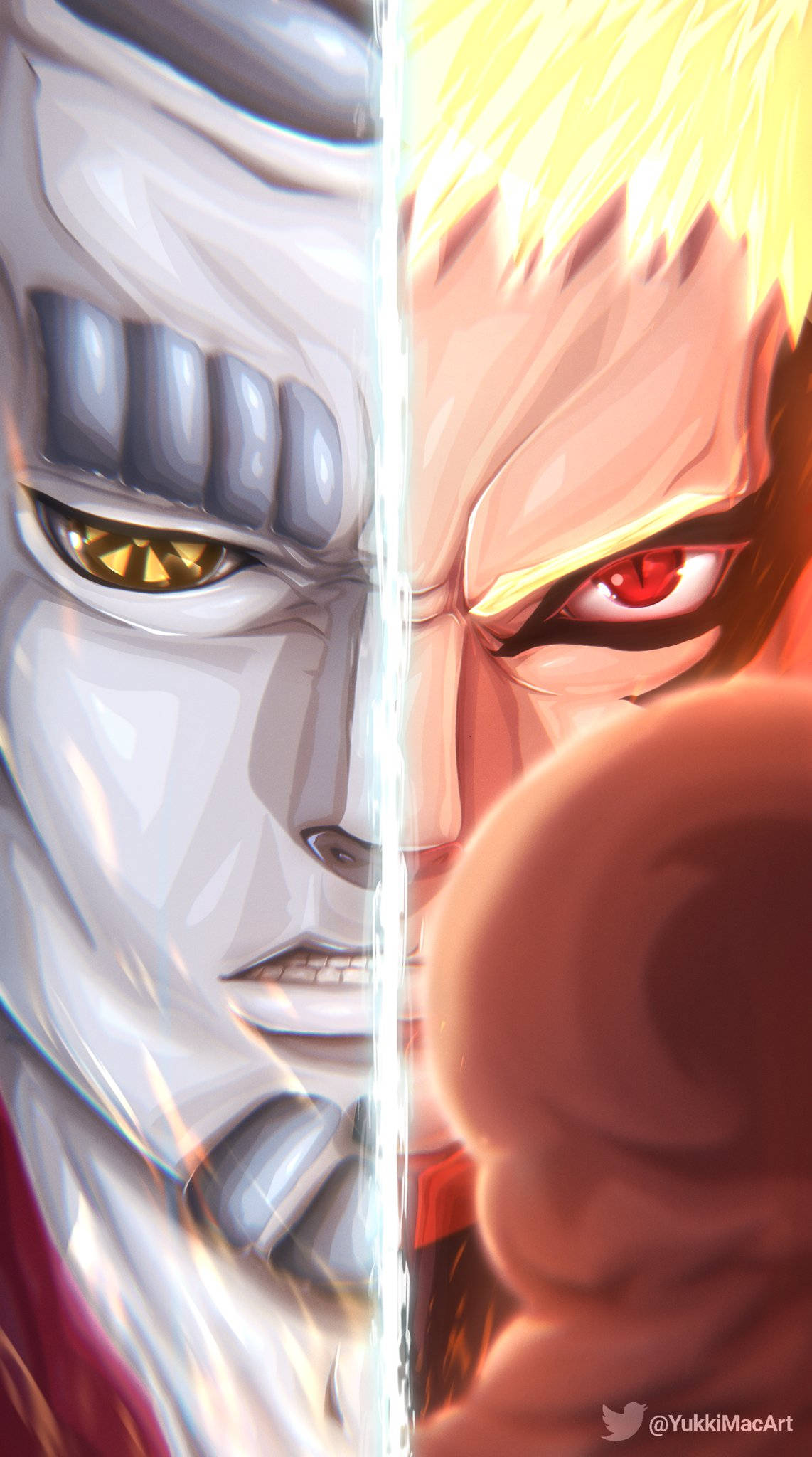Naruto Baryon Mode, anime battle scene, split-face, Full HD Phone Wallpaper