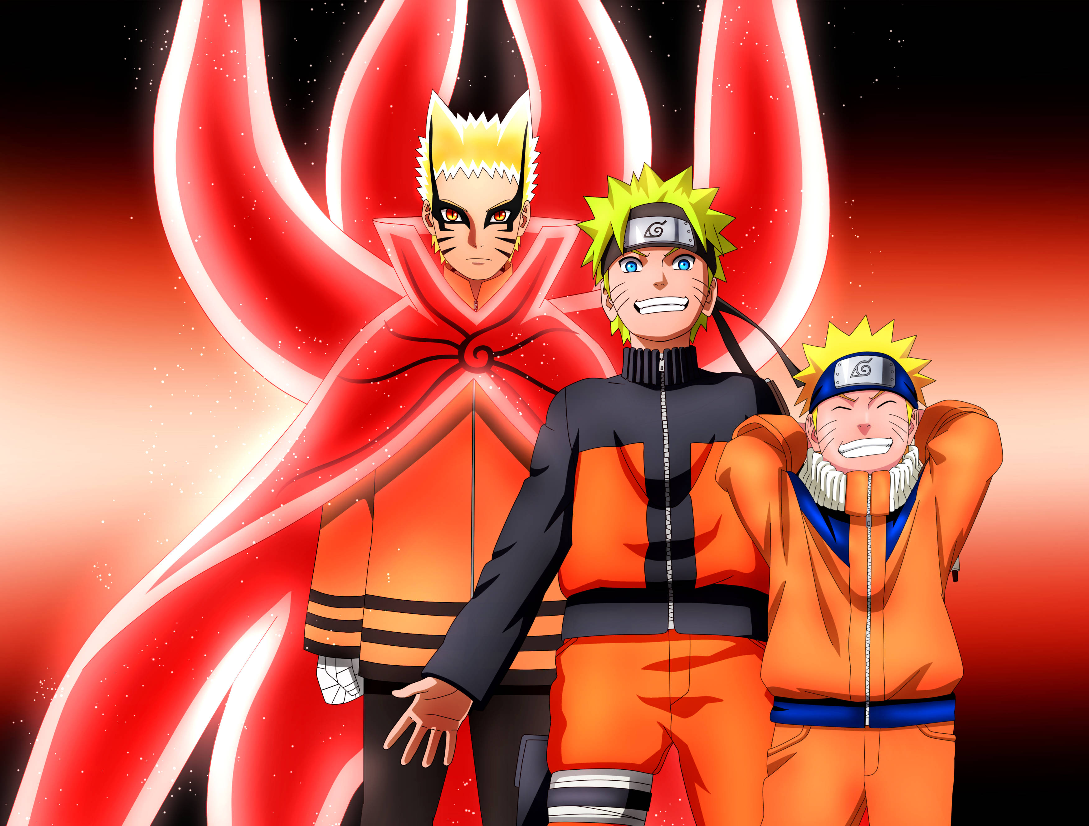 Naruto Baryon Mode, orange outfits, glowing red chakra cloak, 2K Desktop Wallpaper
