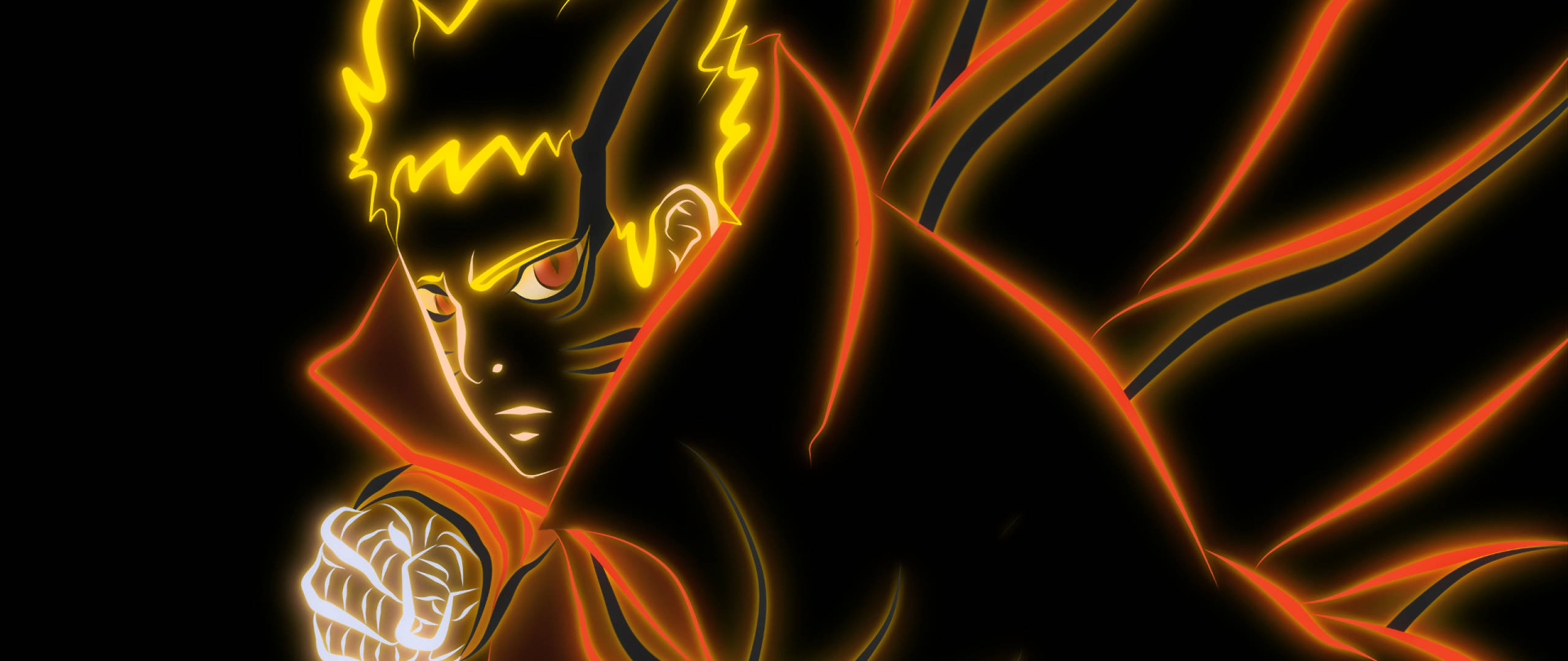 Naruto Baryon Mode, fiery orange aura, intense red eyes, 2K Desktop Wallpaper