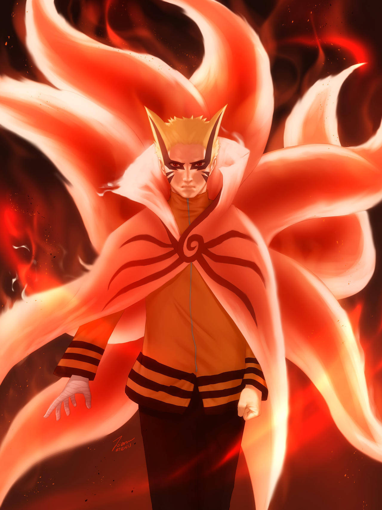 Naruto Baryon Mode, flaming tails, nine fiery tails, HD Phone Wallpaper