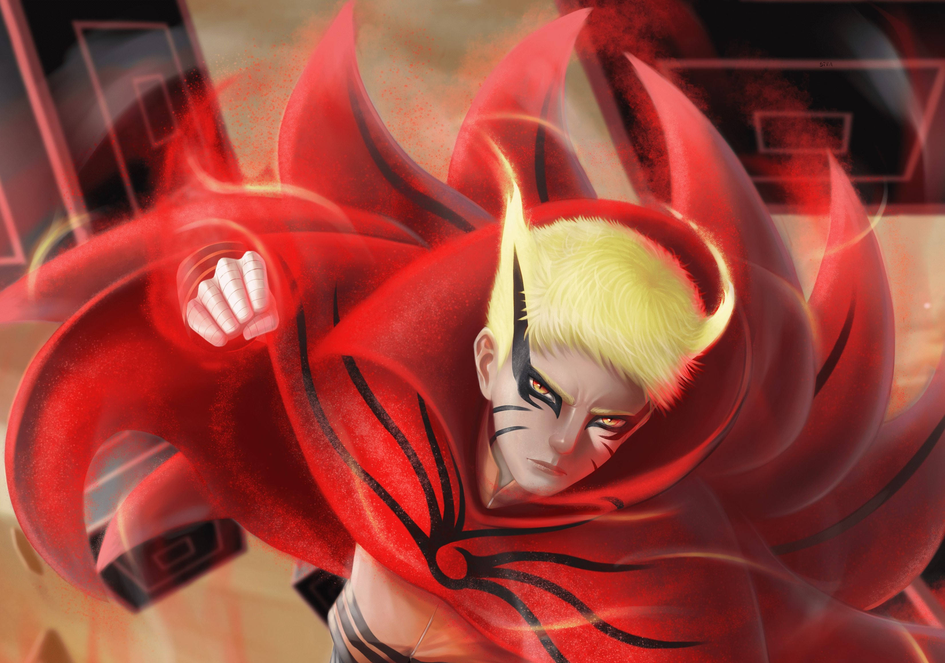 Naruto Baryon Mode, blonde hair, red chakra cloak, 2K Desktop Wallpaper