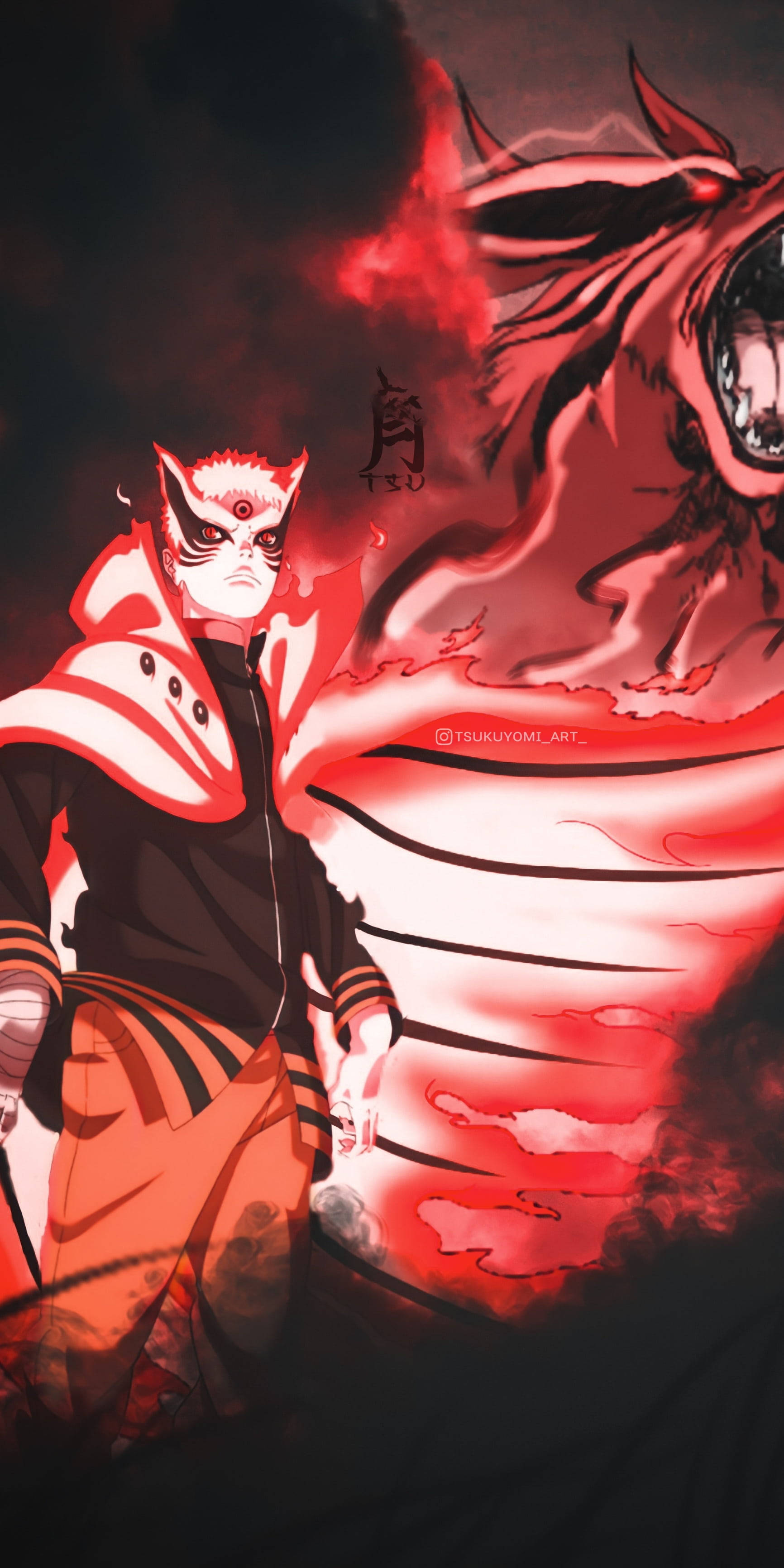 Naruto Baryon Mode, red chakra flames, nine-tailed fox spirit, 2K Phone Wallpaper