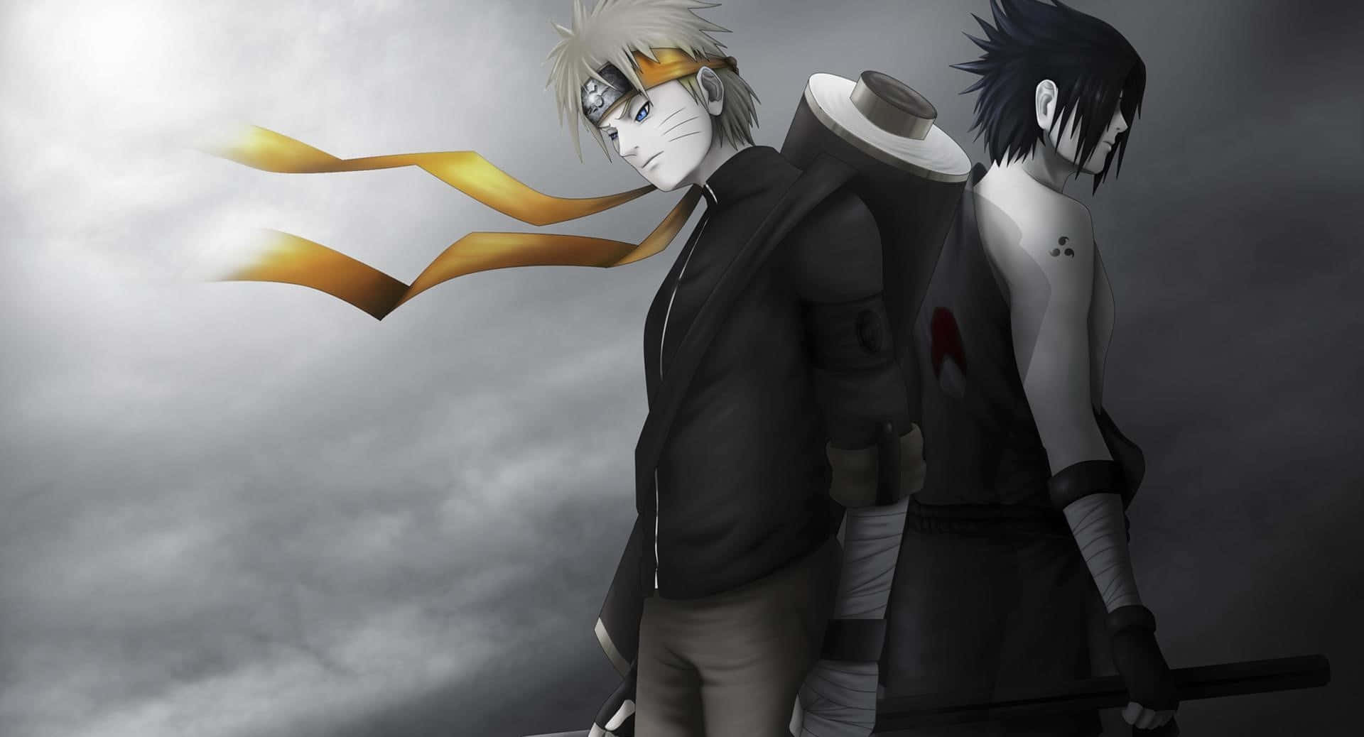 Naruto, black and white, stormy gray sky, Full HD Desktop Wallpaper