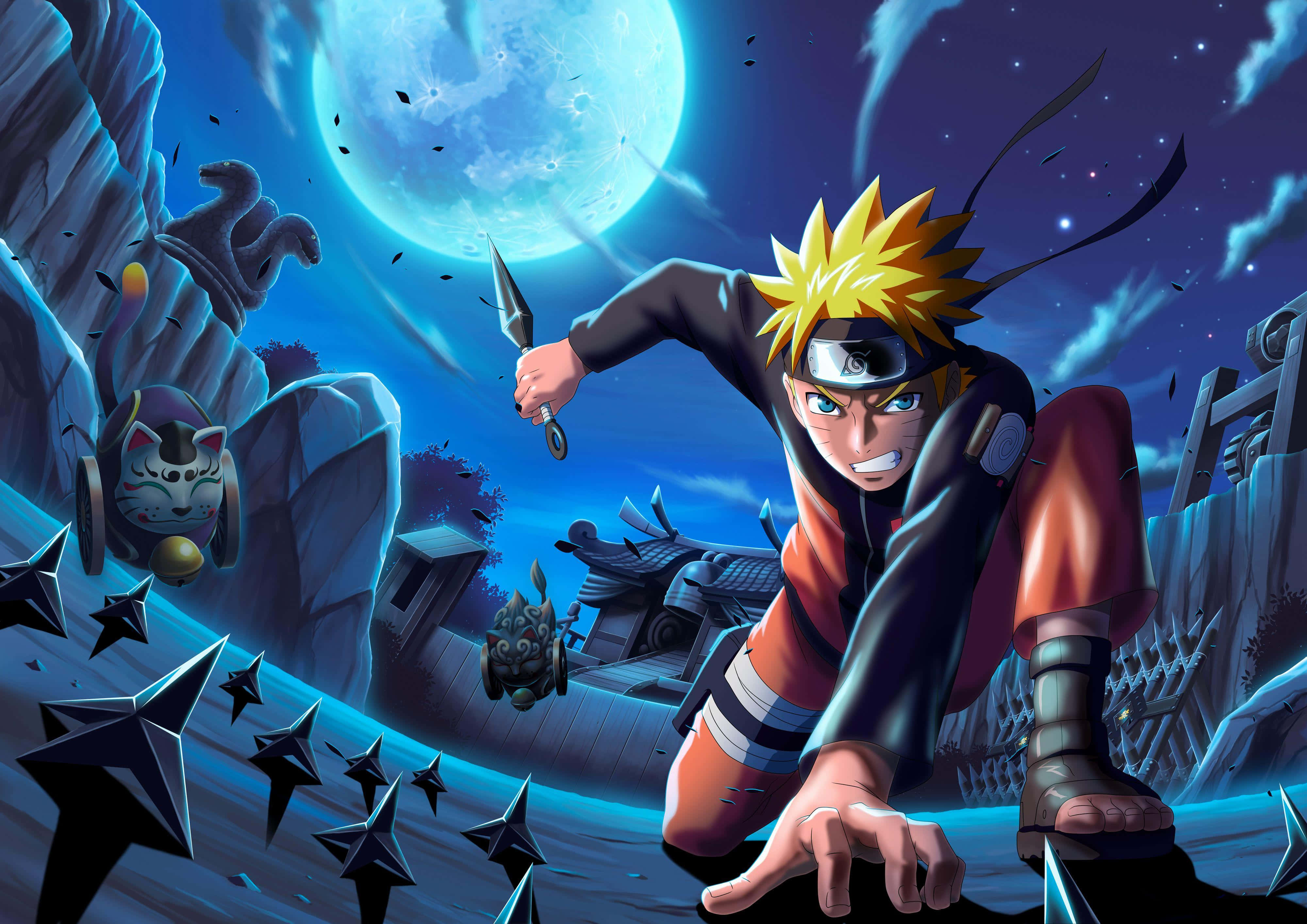Naruto, shurikens, glowing blue moon, 4K Desktop Wallpaper