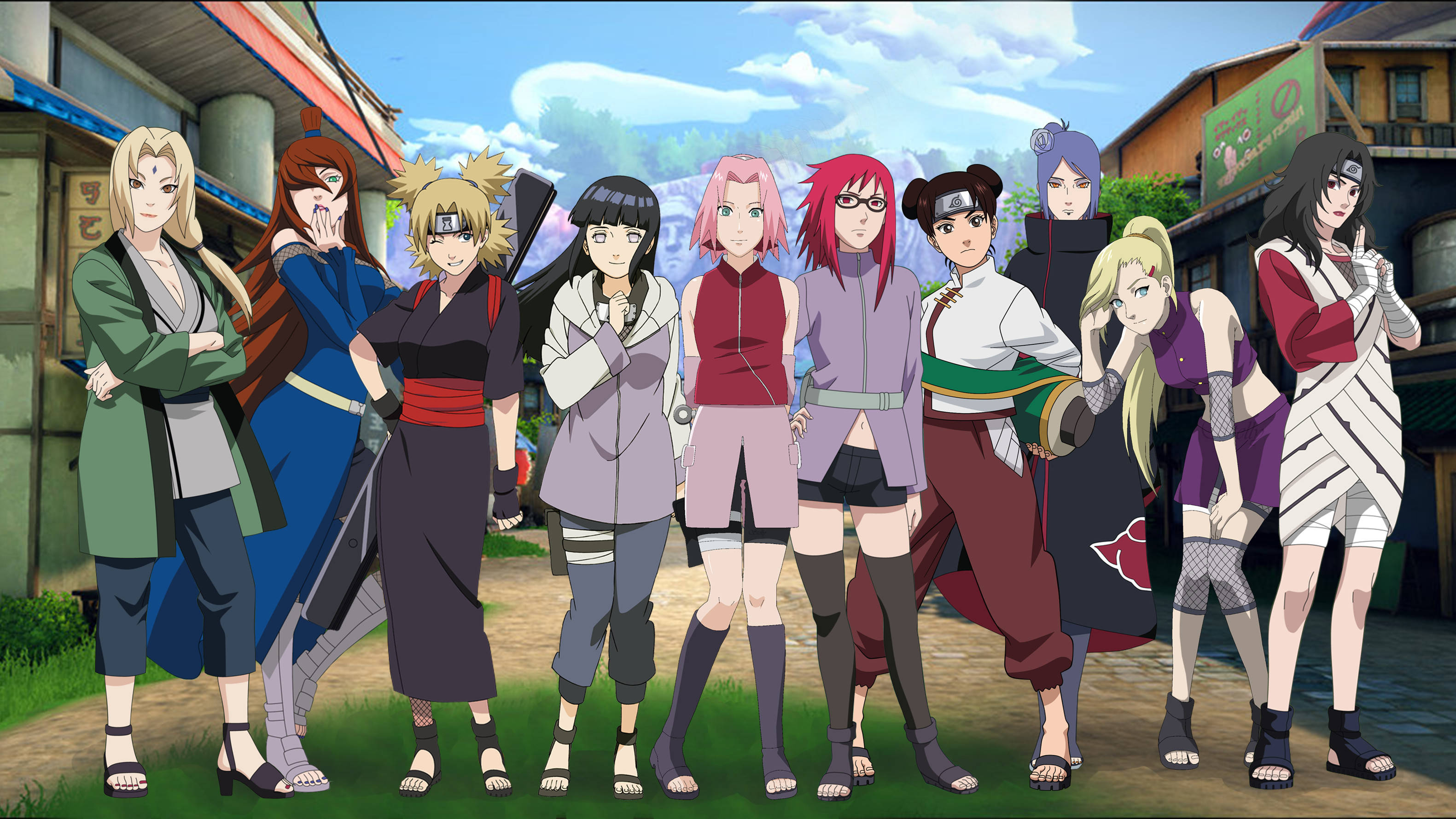 Naruto Characters, strongest ninja girls, village street, 2K Desktop Wallpaper