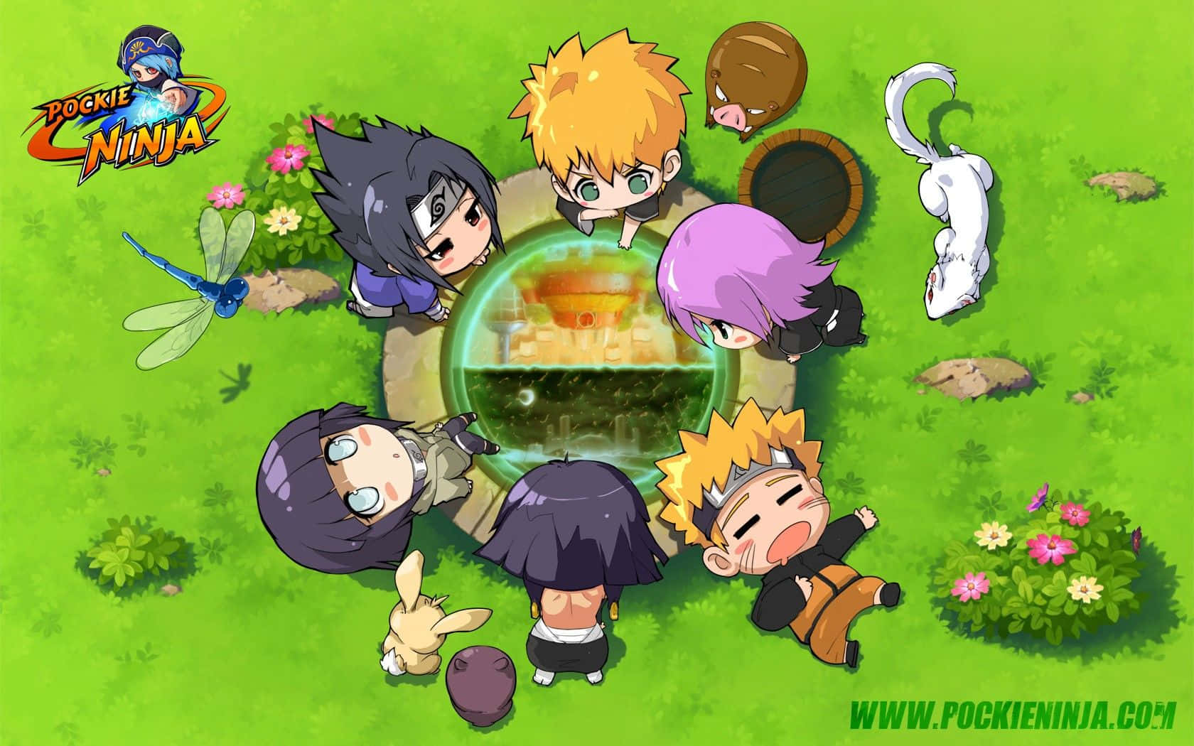 Naruto Chibi, glowing portal, vibrant green field, HD Desktop Wallpaper