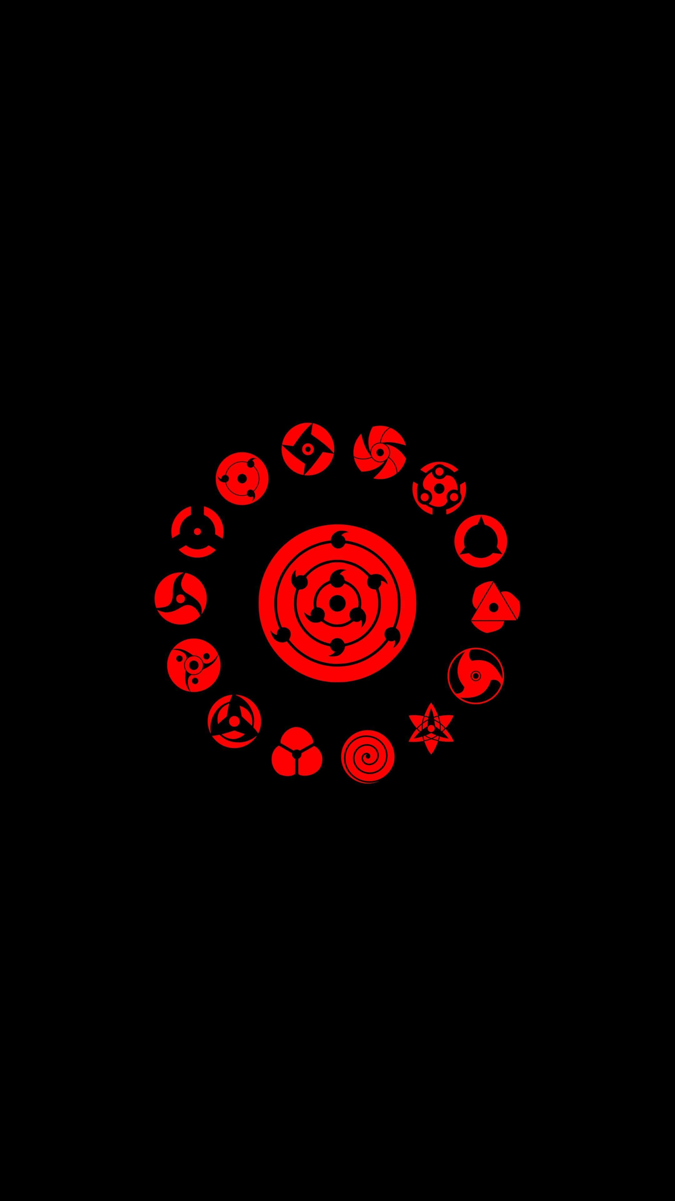 Naruto Eyes, red circle, anime-style eye symbols, 4K Phone Wallpaper