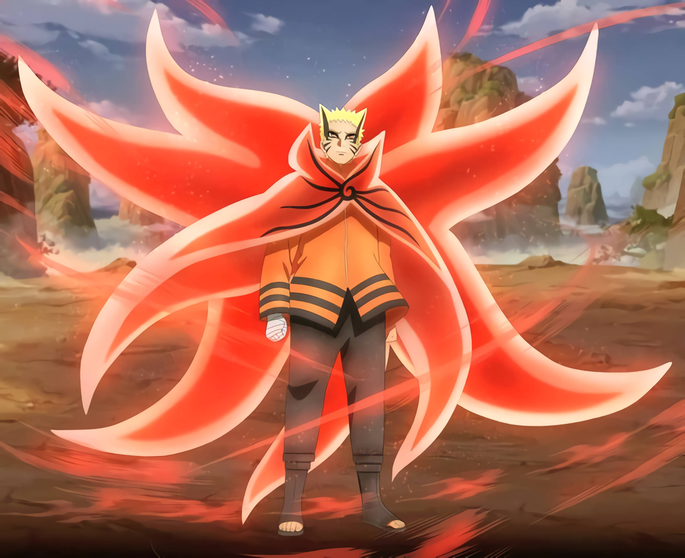 Naruto Final Form, red nine-tailed fox cloak, rocky desert sky, Full HD Desktop Wallpaper