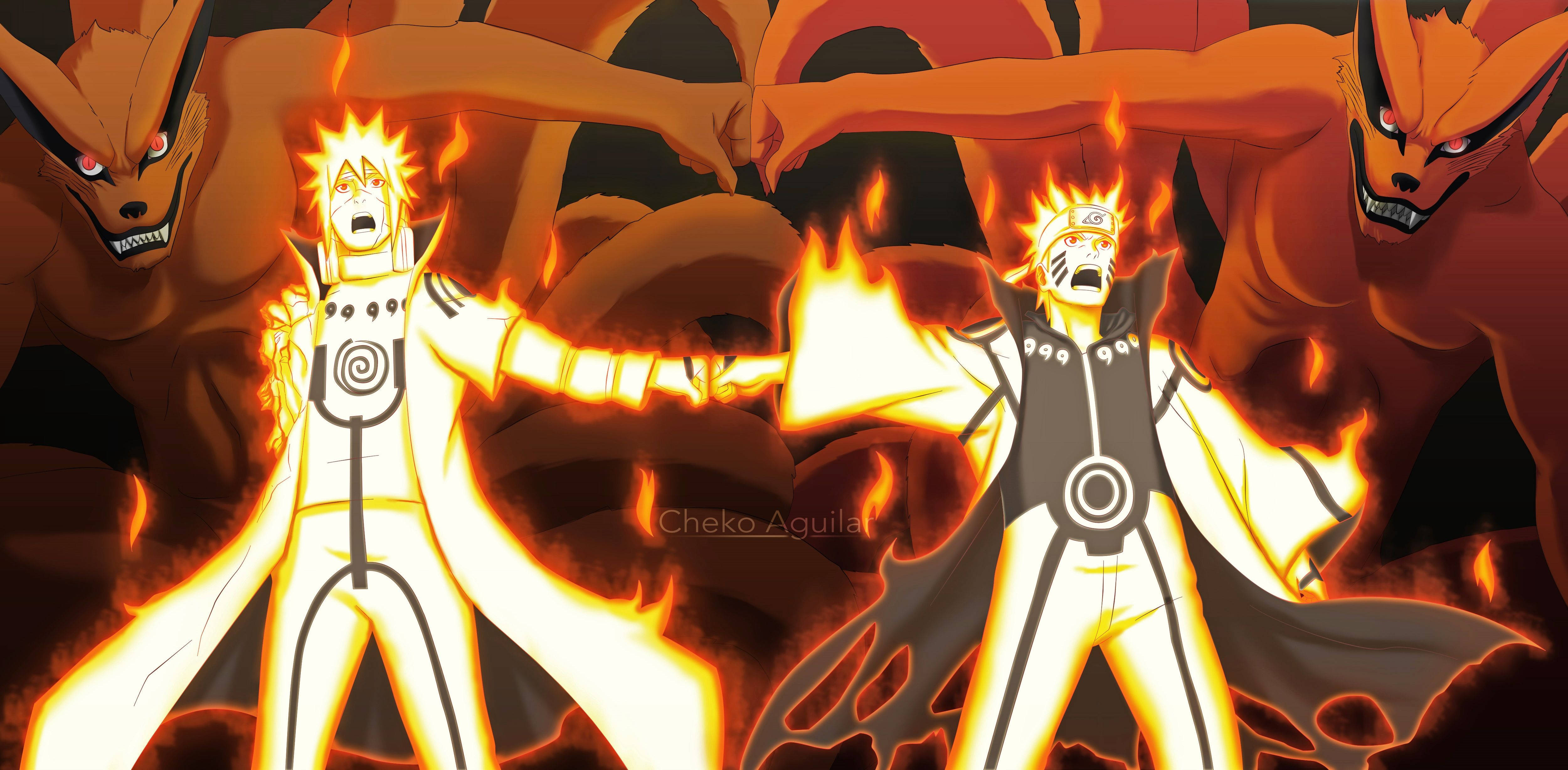 Naruto Final Form, nine-tailed foxes, glowing orange chakra forms, 4K Desktop Wallpaper