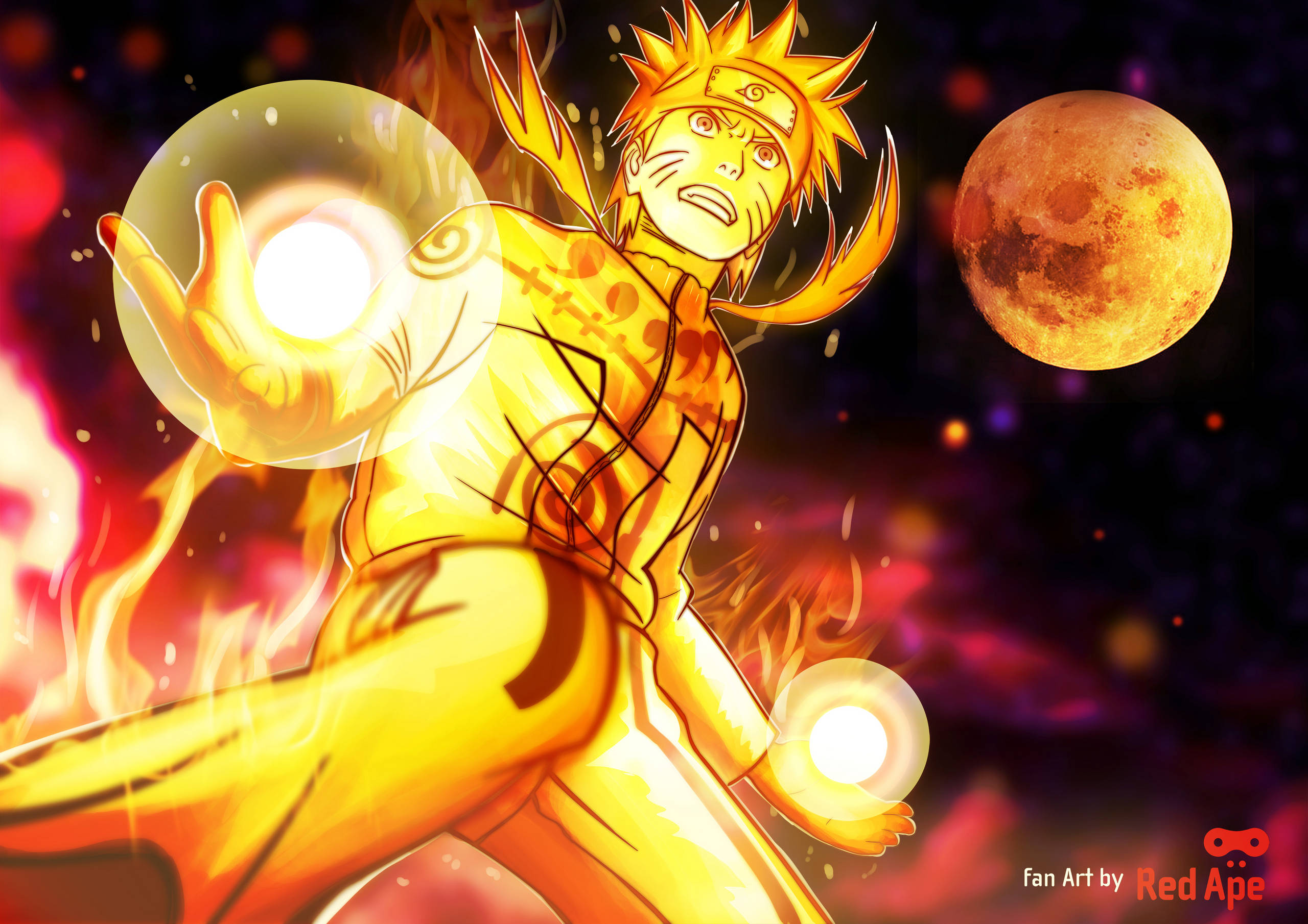 Naruto Final Form, golden chakra mode, glowing orbs, 2K Desktop Wallpaper