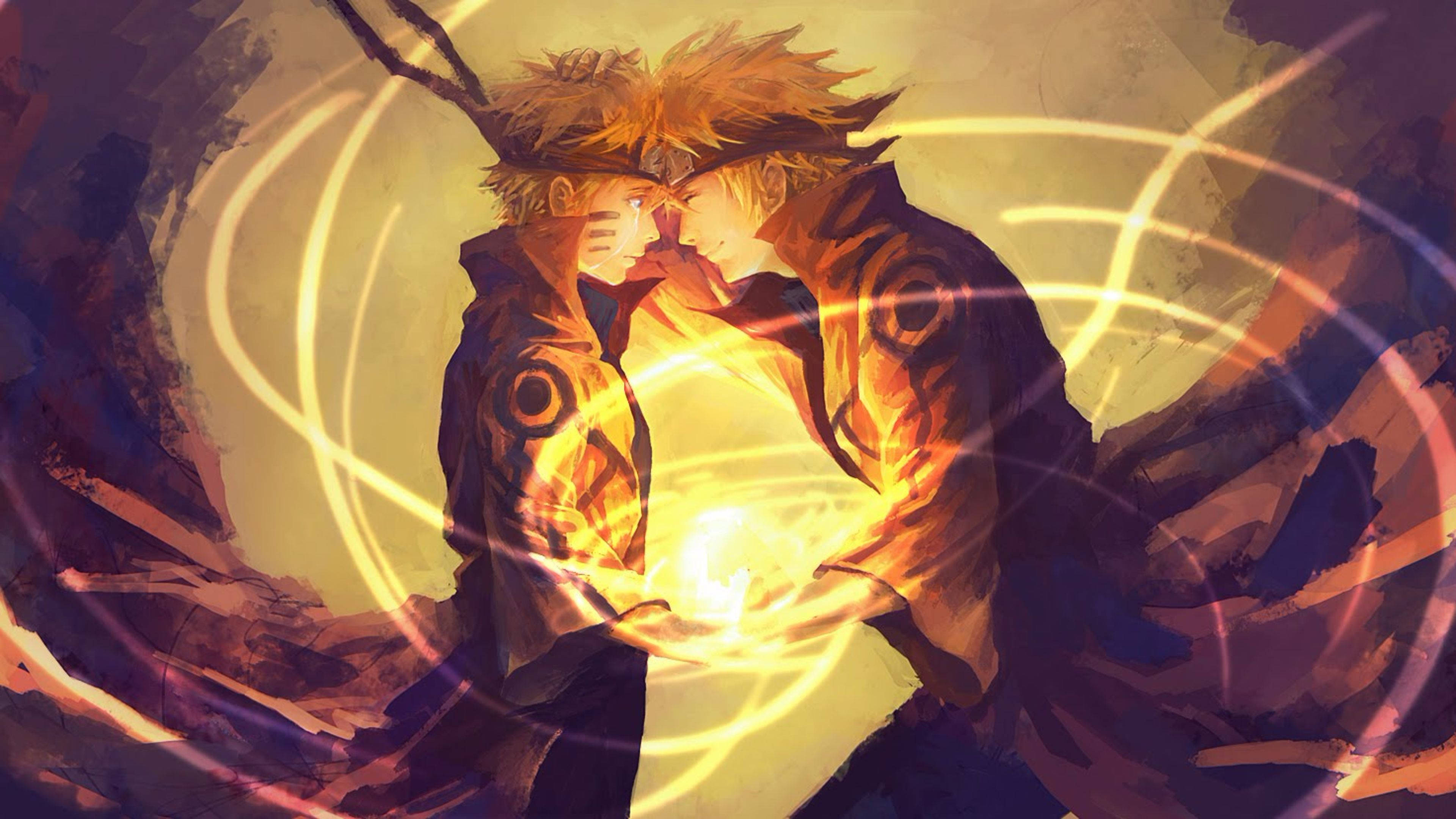 Naruto Final Form, spiky blonde hair, glowing golden chakra vortex, 4K Desktop Wallpaper