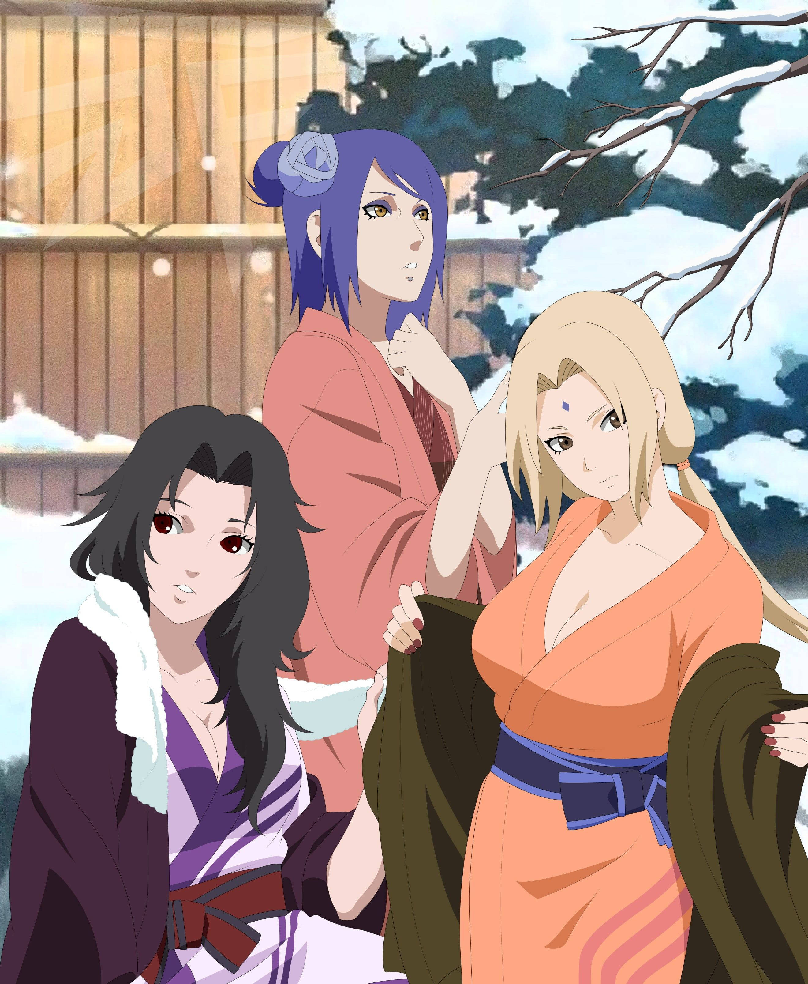 Naruto Girls, traditional robes, snowy courtyard, 2K Phone Wallpaper