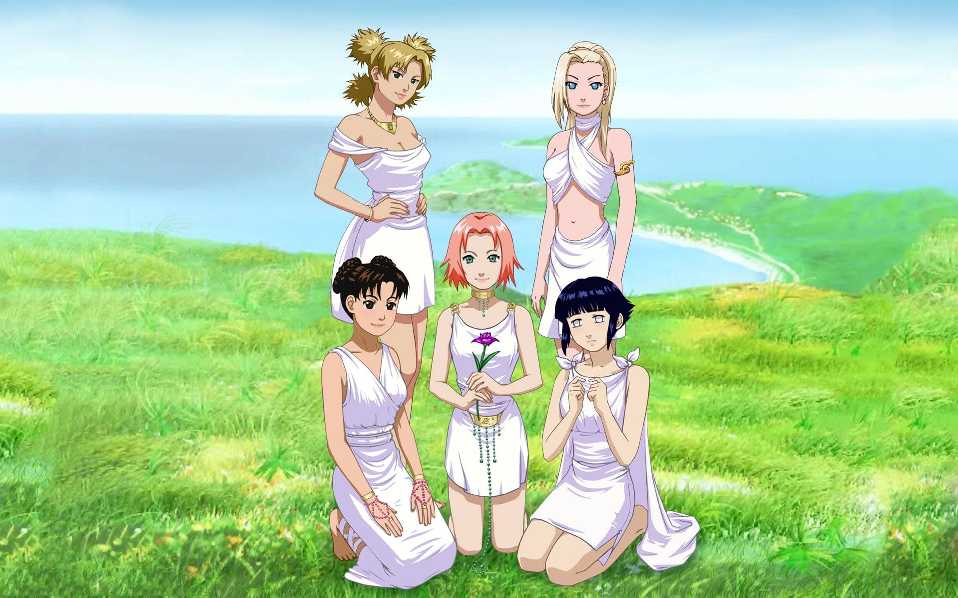 Naruto Girls, white togas, grassy hill, Full HD Desktop Wallpaper