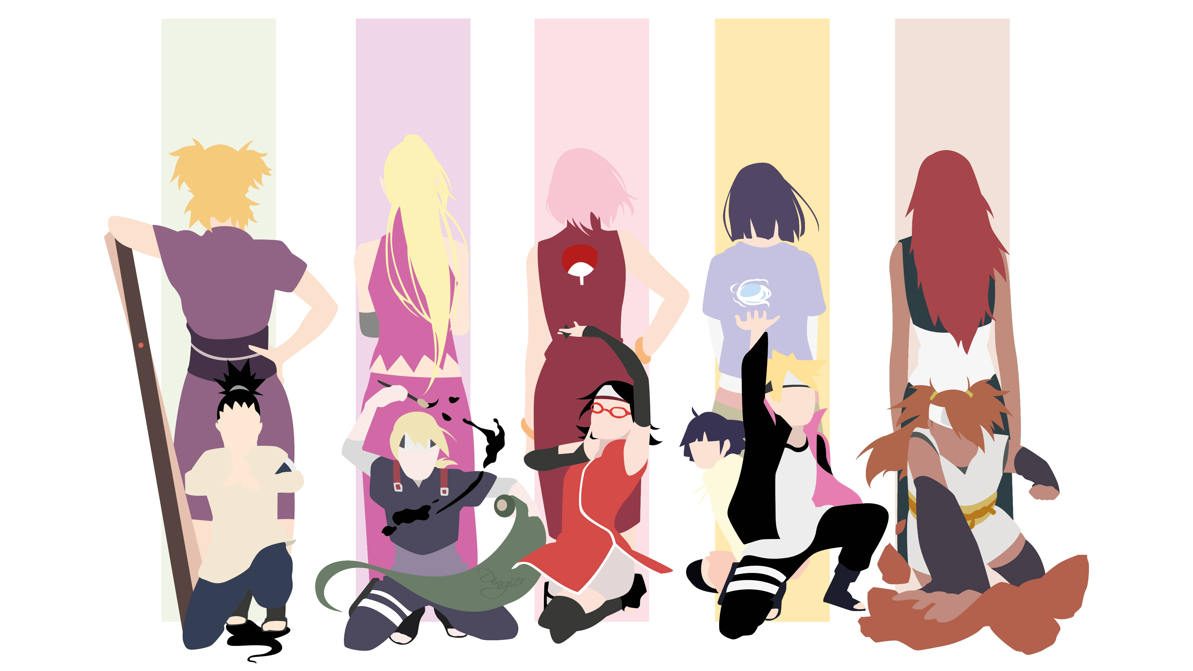 Naruto Girls, anime characters, colorful vertical stripes, 4K Desktop Wallpaper