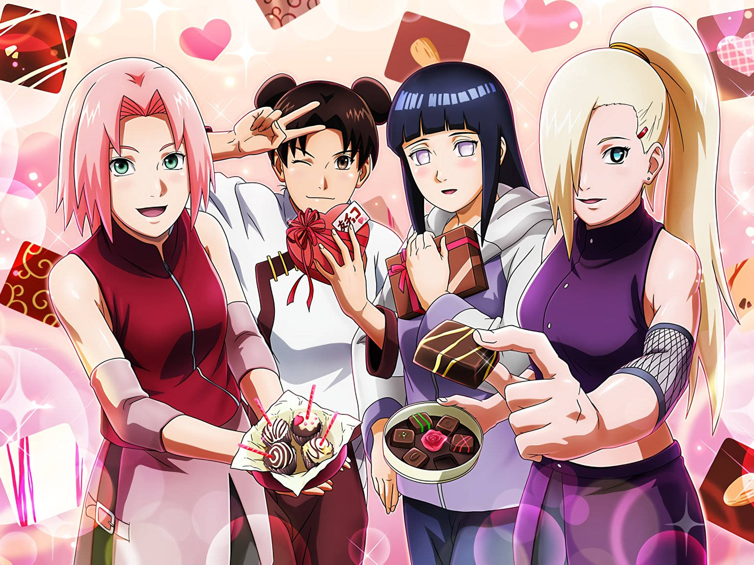 Naruto Girls, Valentine's Chocolate, pink and purple outfits, HD Desktop Wallpaper
