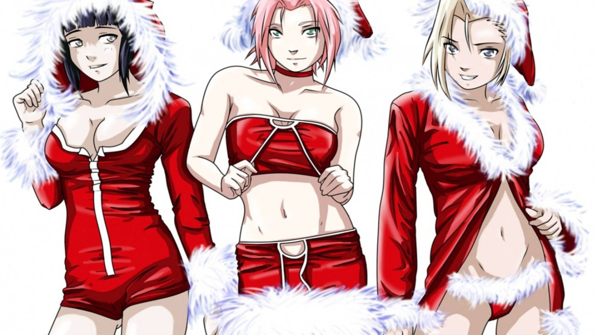 Naruto Girls, Christmas, red Santa outfits, Full HD Desktop Wallpaper