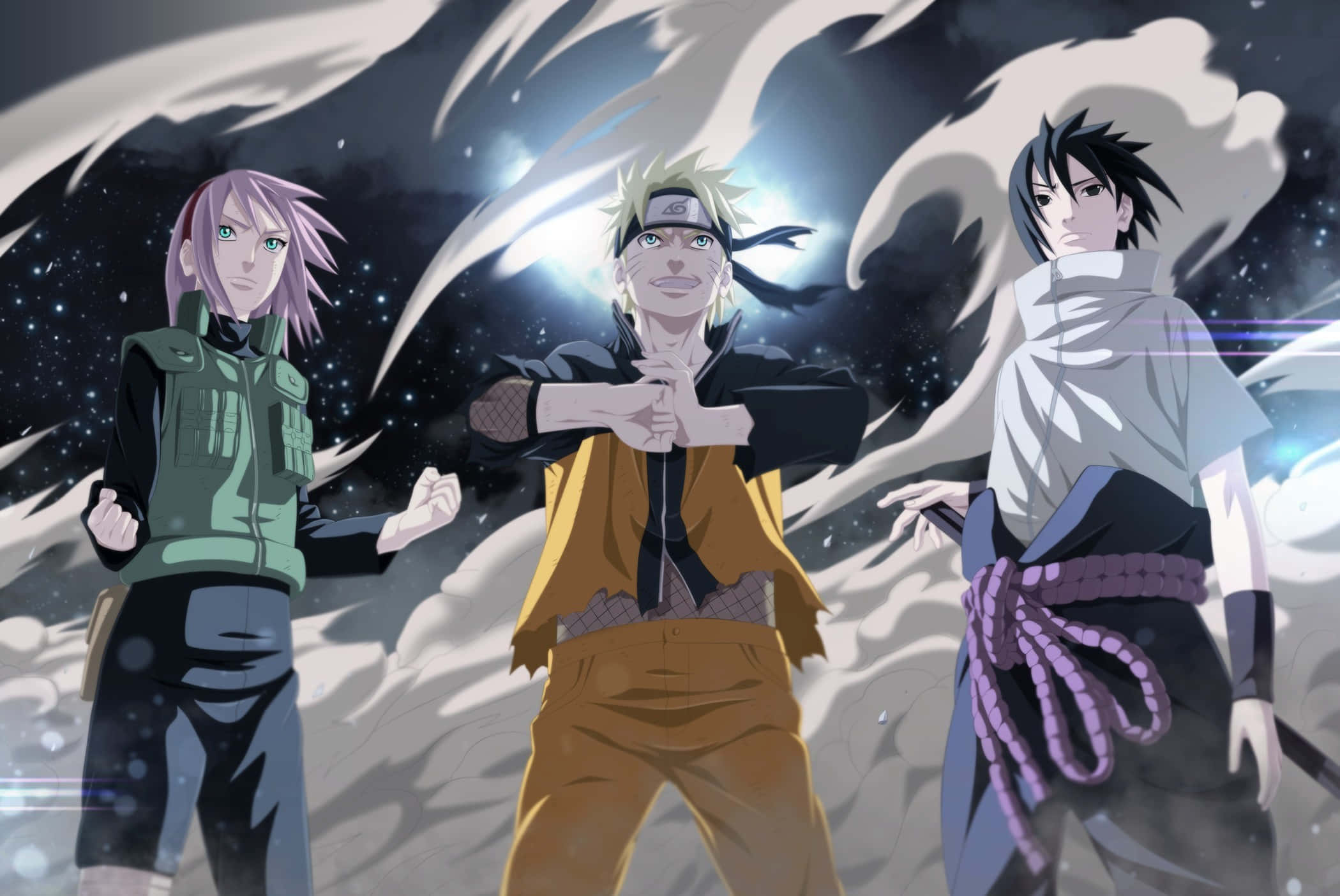 Naruto Group, anime ninja characters, cosmic backdrop, Full HD Desktop Wallpaper