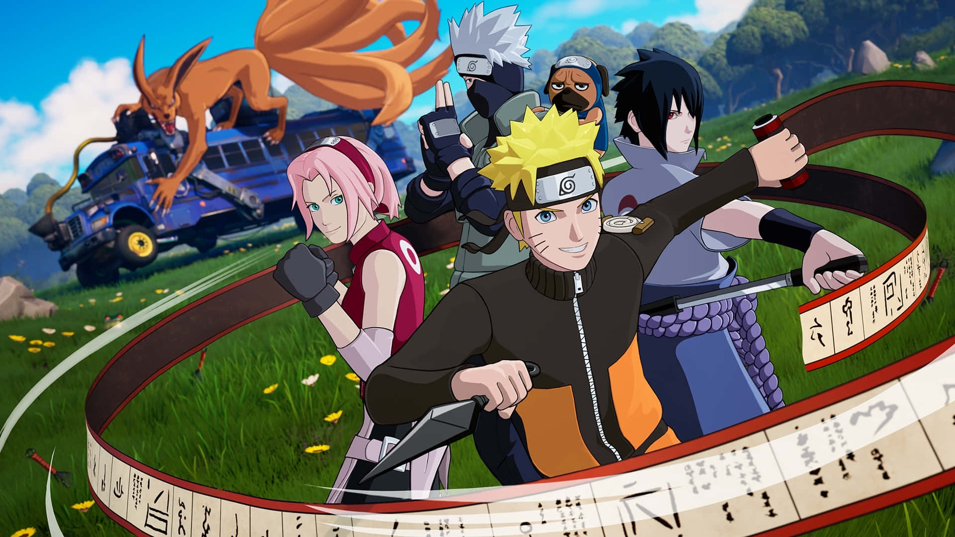 Naruto Group, blue truck, orange fox creature, Full HD Desktop Wallpaper