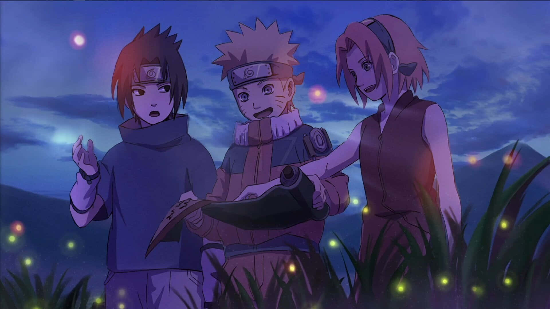 Naruto Group, twilight field, fireflies, Full HD Desktop Wallpaper