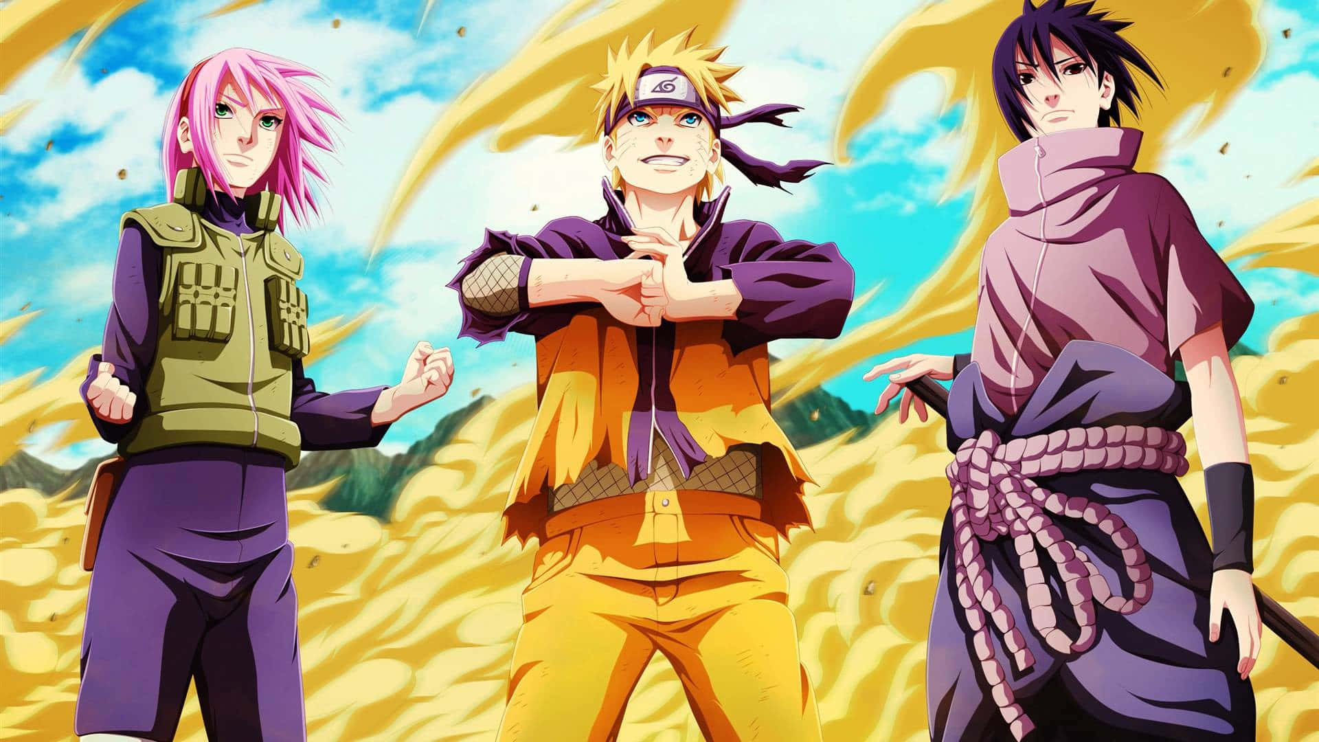 Naruto Group, anime ninja characters, yellow and blue sky, Full HD Desktop Wallpaper