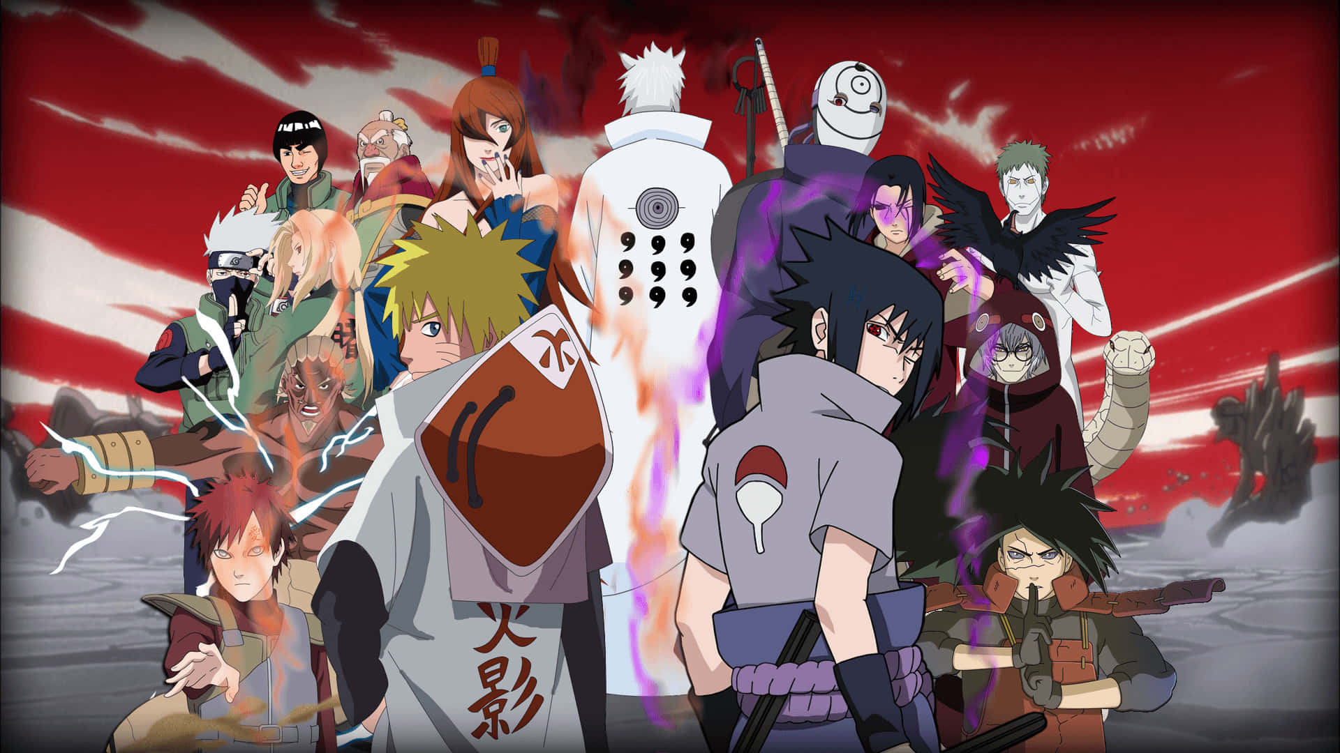 Naruto Group, ninjas, red and white stormy sky, Full HD Desktop Wallpaper