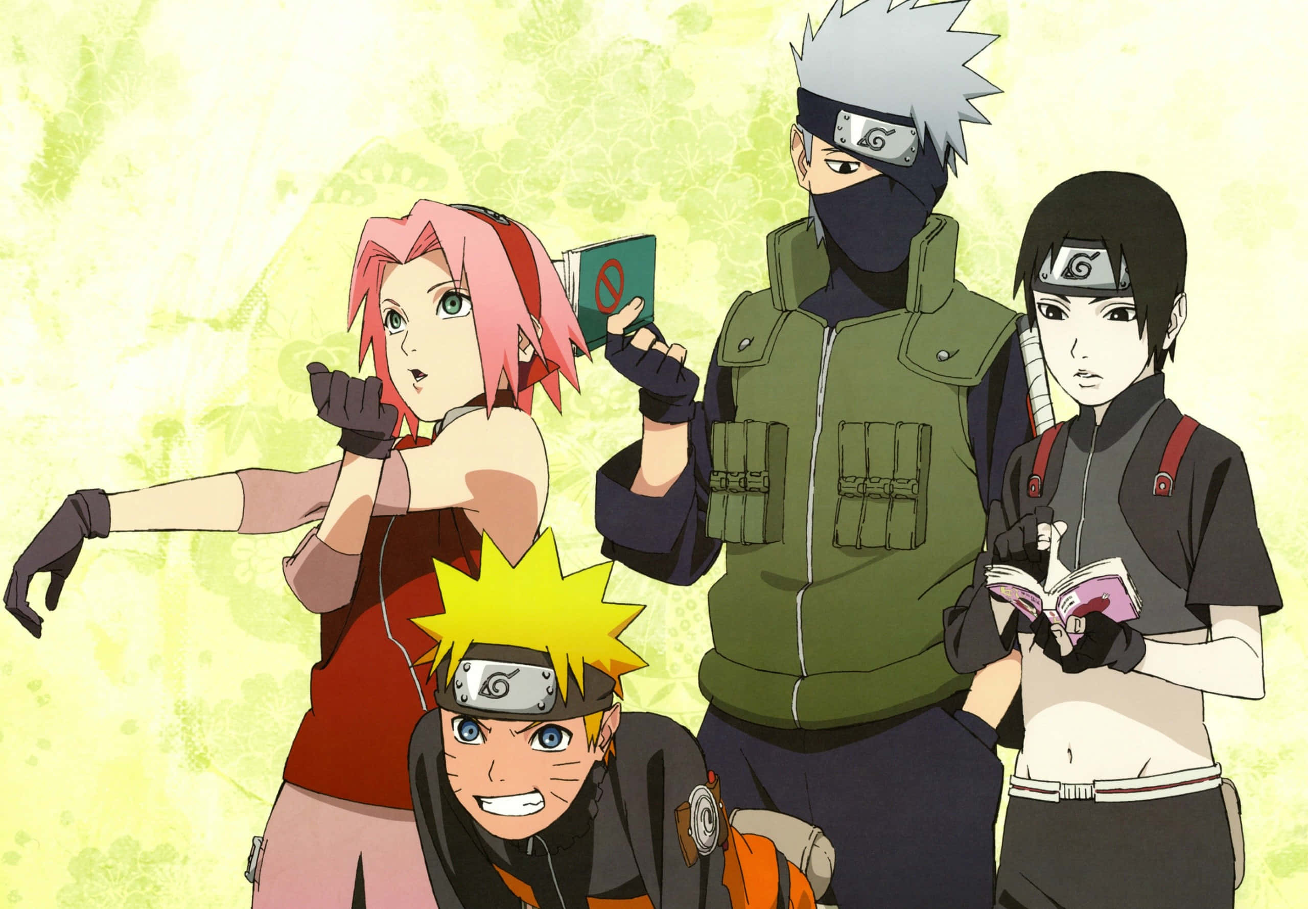 Naruto Group, anime ninja characters, soft green textured background, 2K Desktop Wallpaper