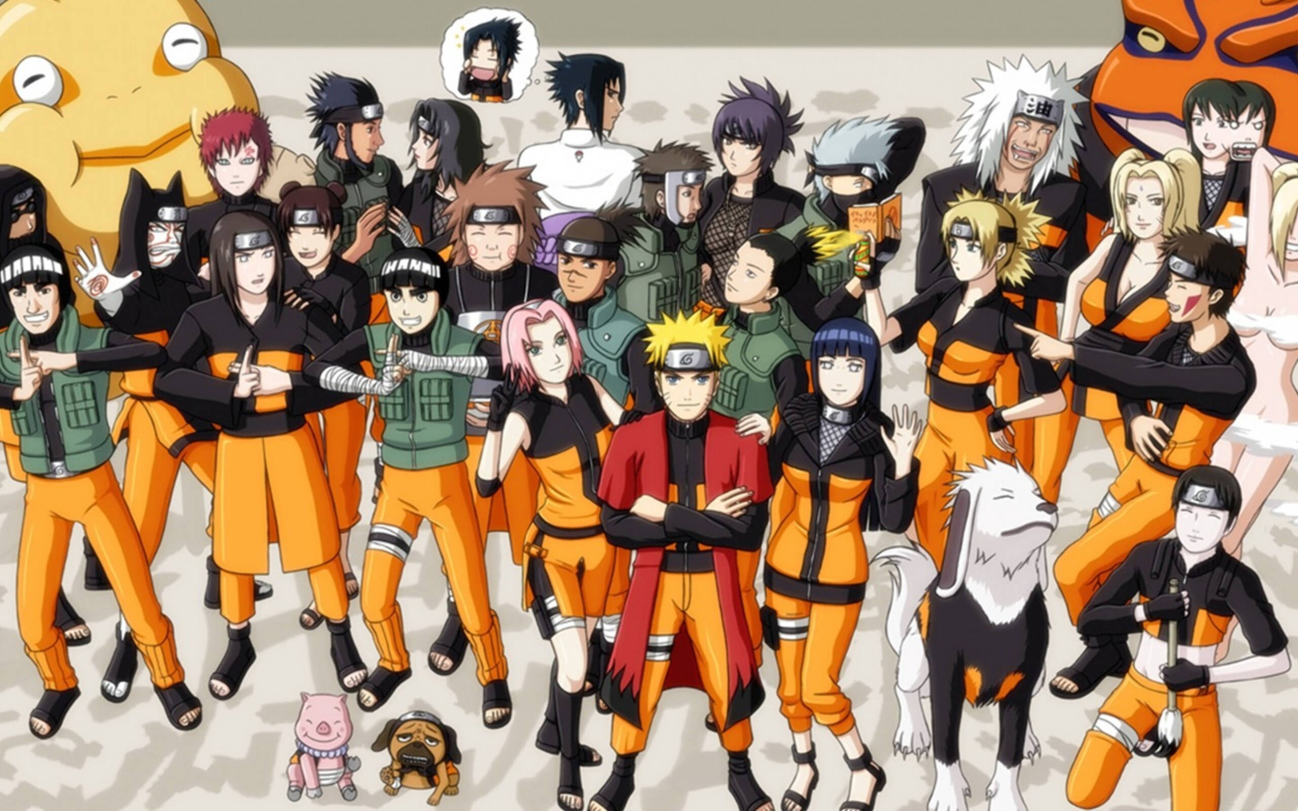Naruto, girls group photo, orange and green ninja gear, 2K Desktop Wallpaper