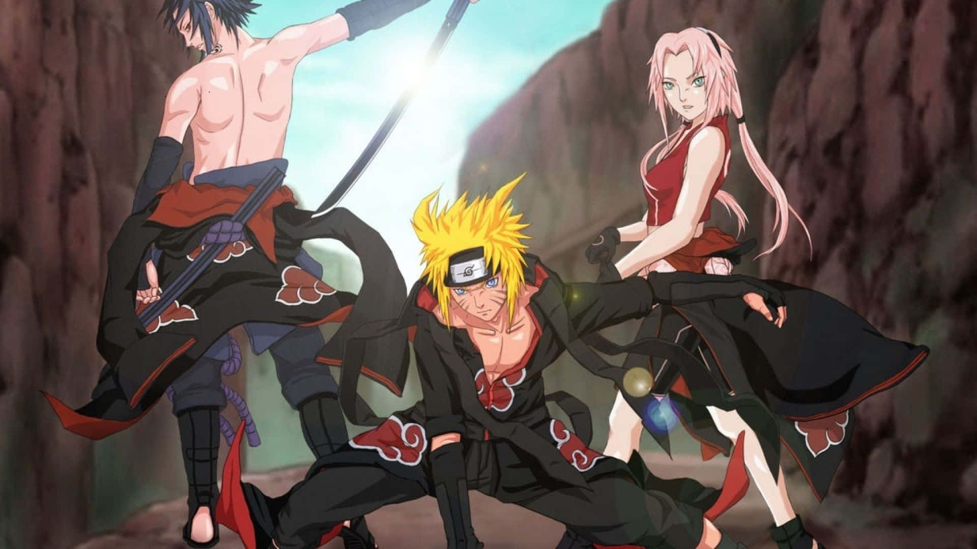 Naruto Team 7, black cloaks with red clouds, rocky canyon, Full HD Desktop Wallpaper